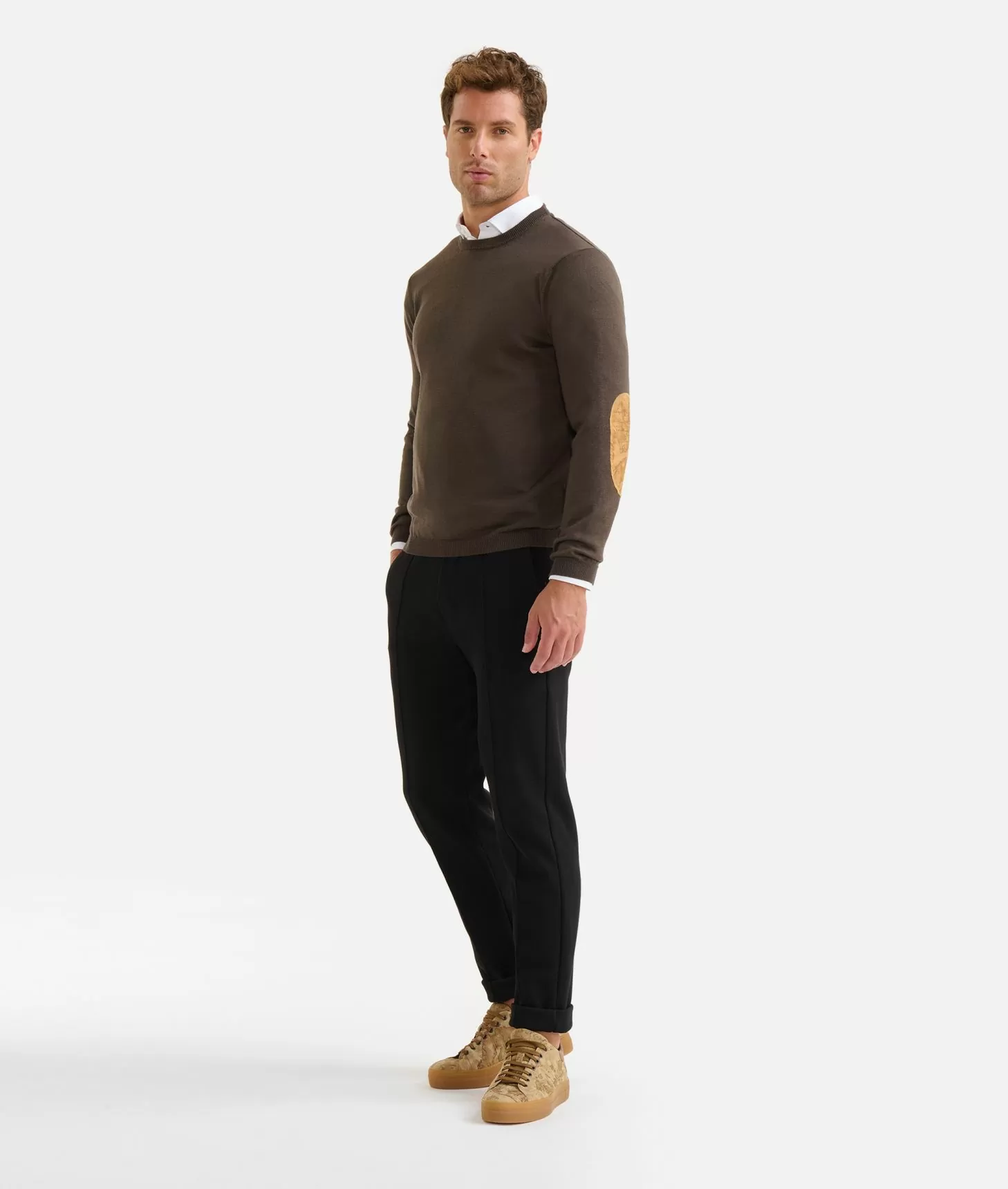 Alviero martini 1a classe Girocollo in filato misto lana con toppe Geo Classic Castoro