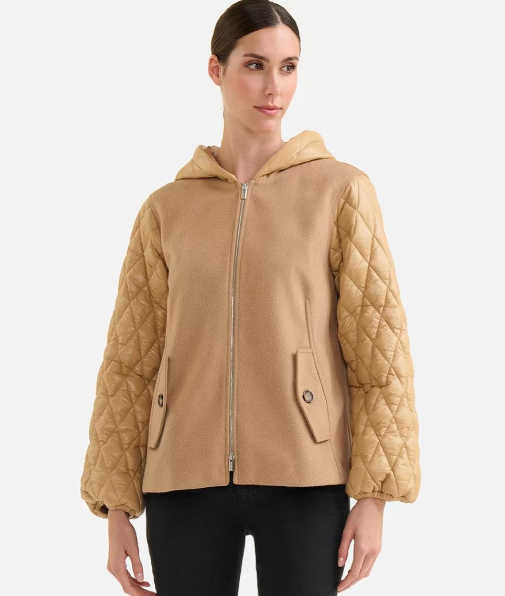 Alviero Martini 1a Classe Giubbino Bimaterico In Panno Diagonale E Nylon Imbottito Cammello