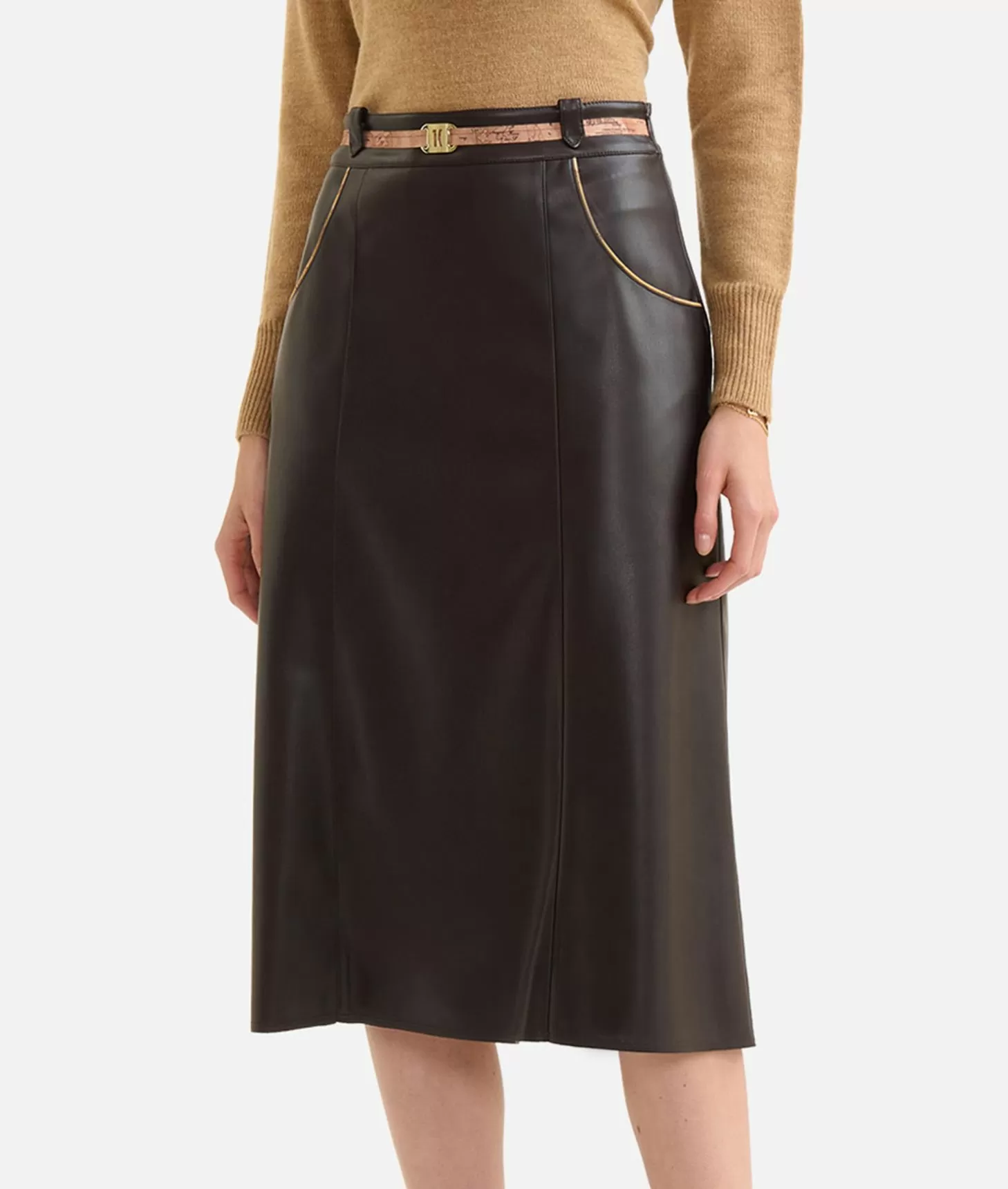 Alviero Martini 1a Classe Gonna In Eco Nappa Con Cintura Gioiello Cioccolato