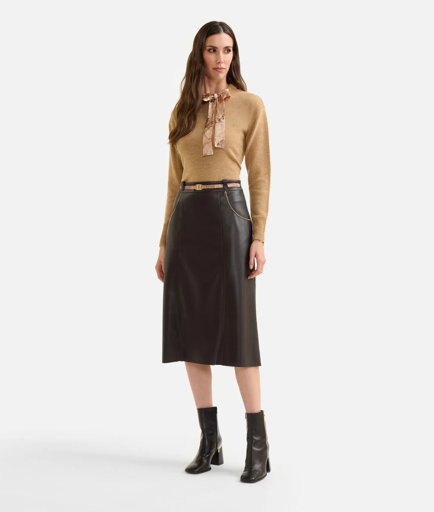 Alviero martini 1a classe Gonna in eco nappa con cintura gioiello Cioccolato