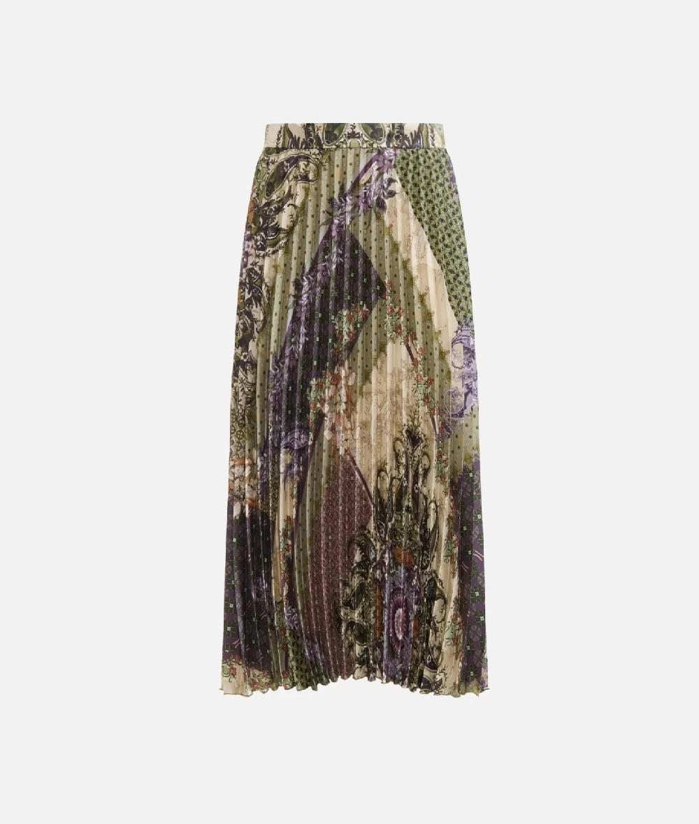 Alviero Martini 1a Classe Gonna Plissé In Twill Stampa Geo Patchwork Foulard Verde