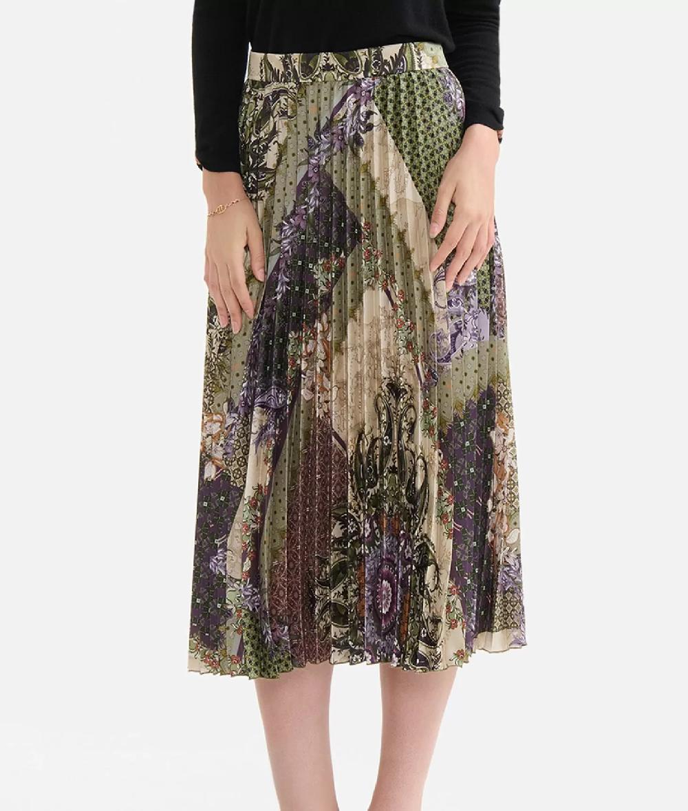 Alviero Martini 1a Classe Gonna Plissé In Twill Stampa Geo Patchwork Foulard Verde