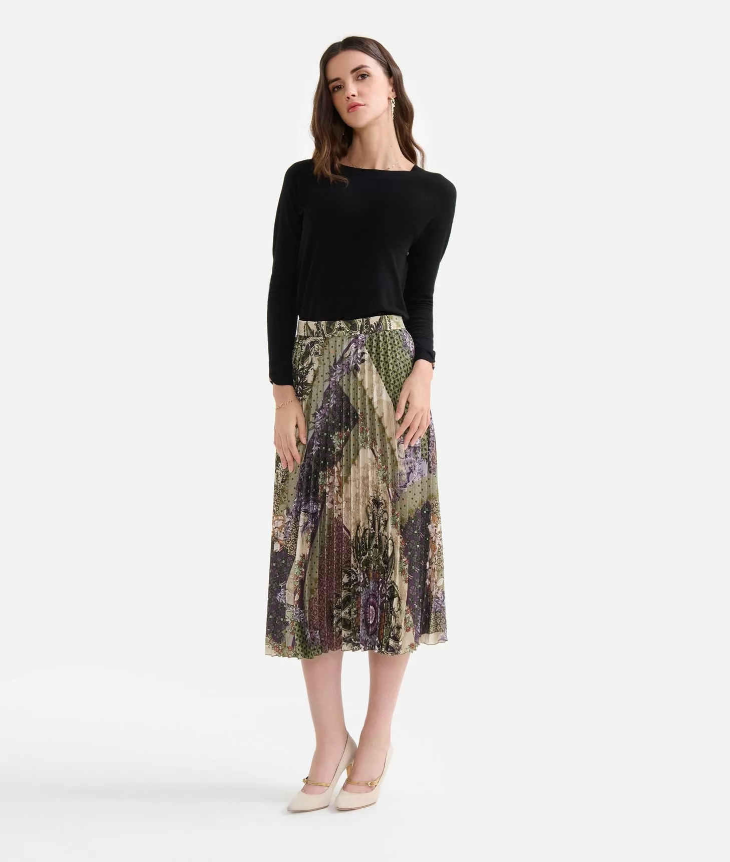 Alviero martini 1a classe Gonna plissé in twill stampa Geo Patchwork Foulard Verde