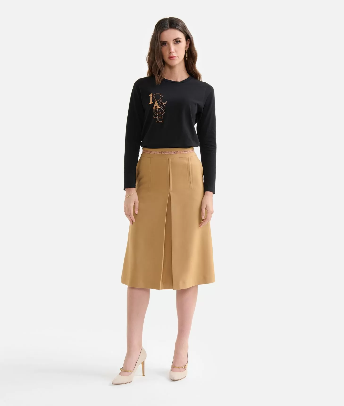 Alviero martini 1a classe Gonna svasata in cavallery con cinturina Geo Classic Cammello