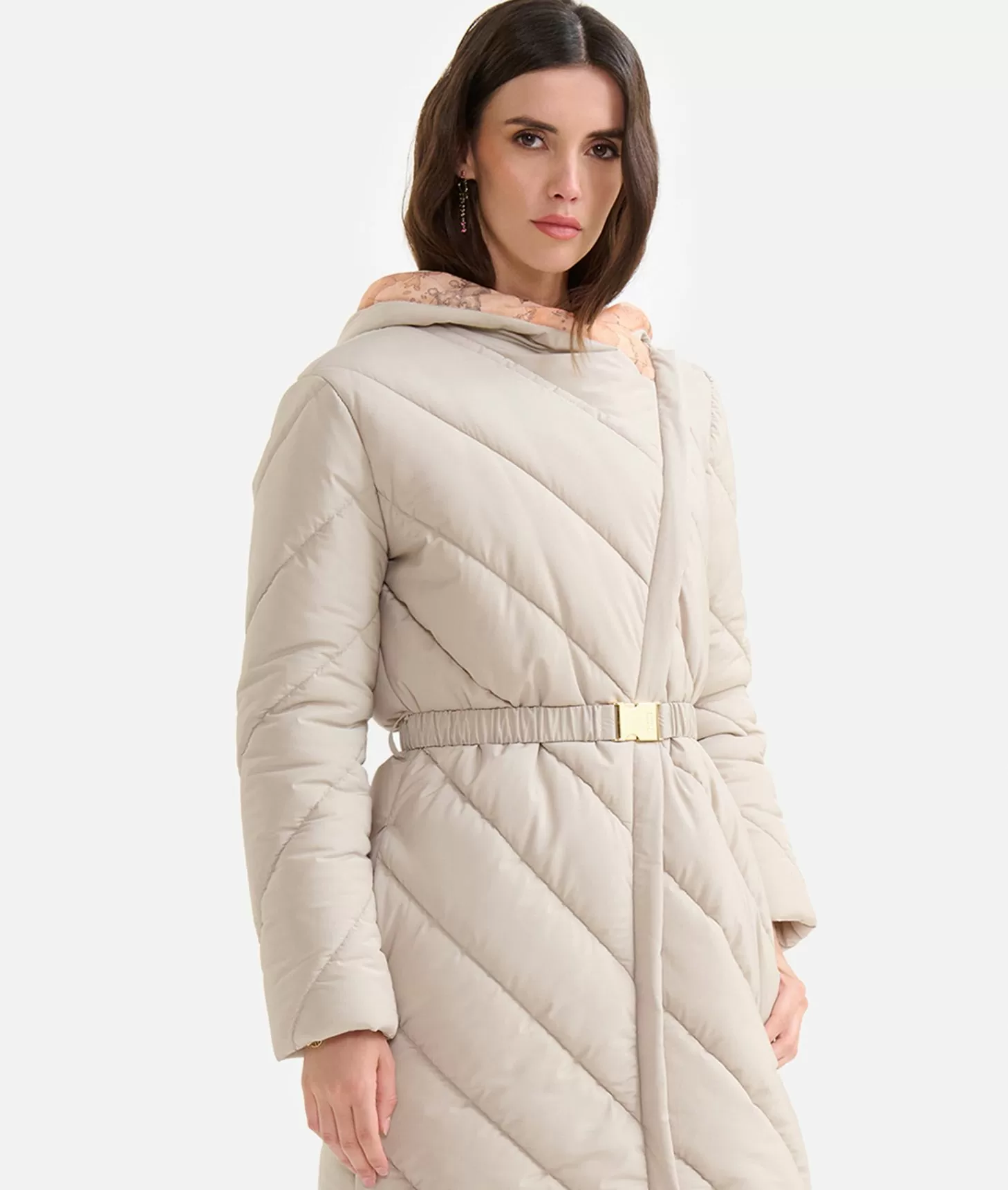 Alviero Martini 1a Classe Imbottito Lungo In Nylon Con Cappuccio Greige