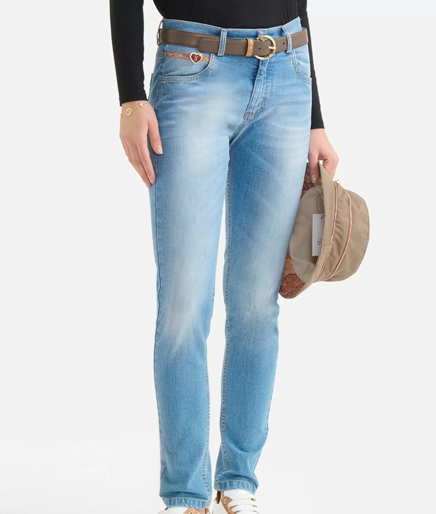Alviero Martini 1a Classe Jeans Slim In Denim Stretch Con Charm Cuore Blu Beach