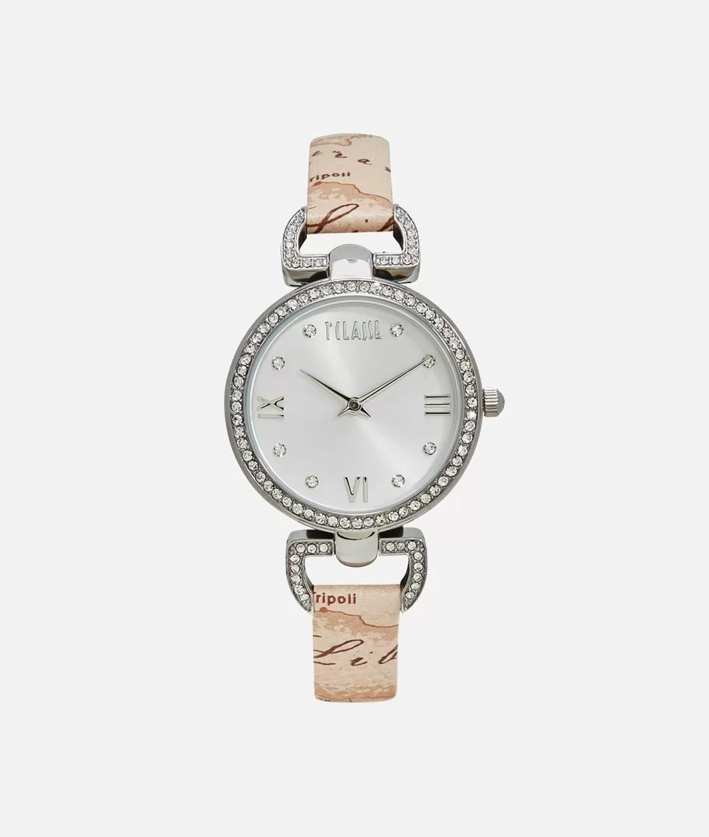 Alviero Martini 1a Classe Madagascar Orologio Con Cinturino In Pelle Stampa Geo Beige