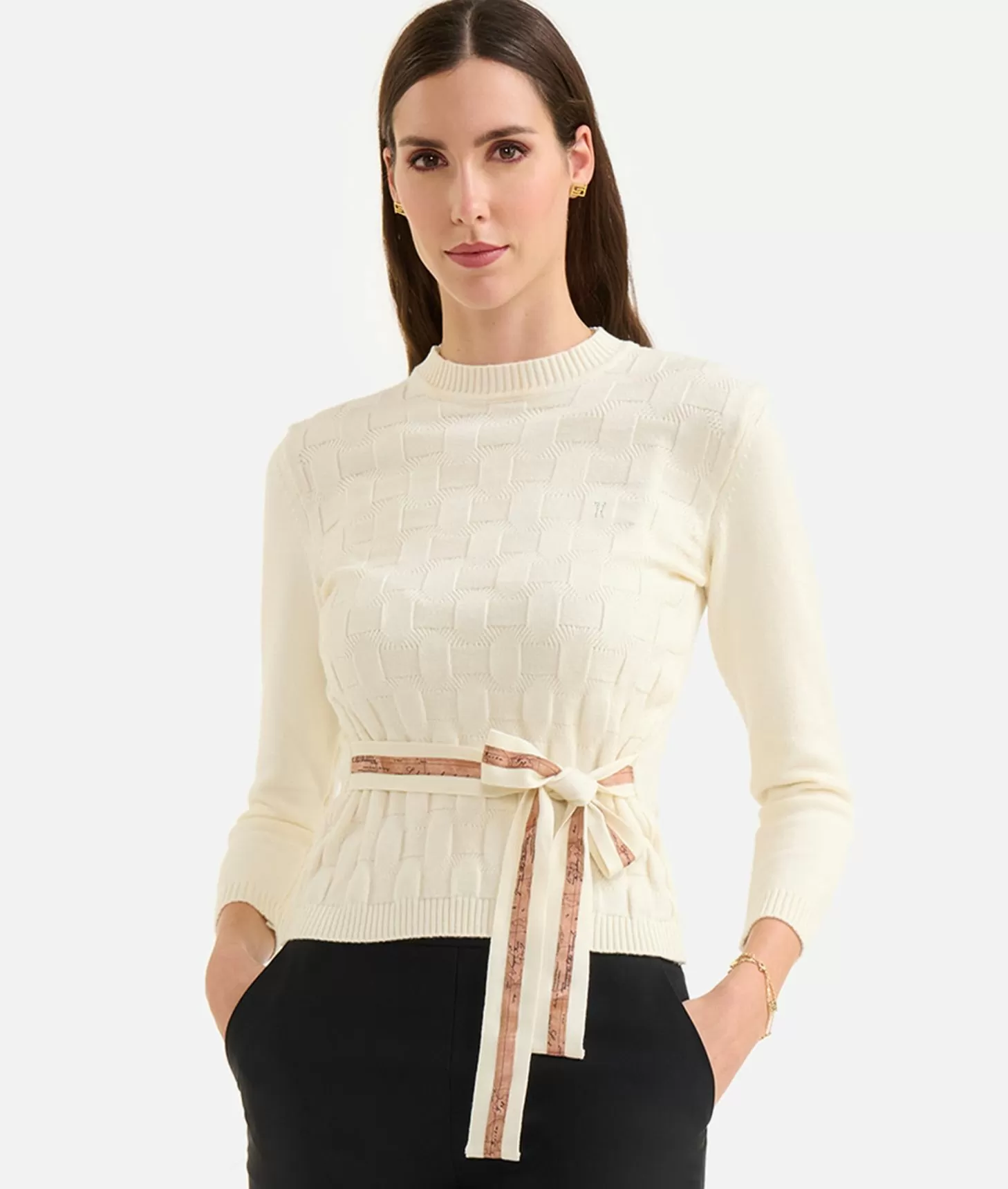 Alviero Martini 1a Classe Maglia Con Intreccio Jacquard In Filato Di Viscosa Stretch Bianco Panna