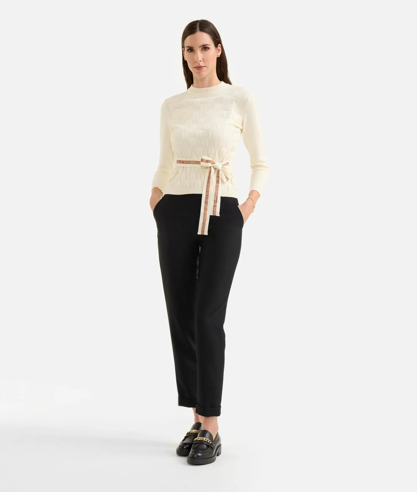 Alviero martini 1a classe Maglia con intreccio jacquard in filato di viscosa stretch Bianco Panna