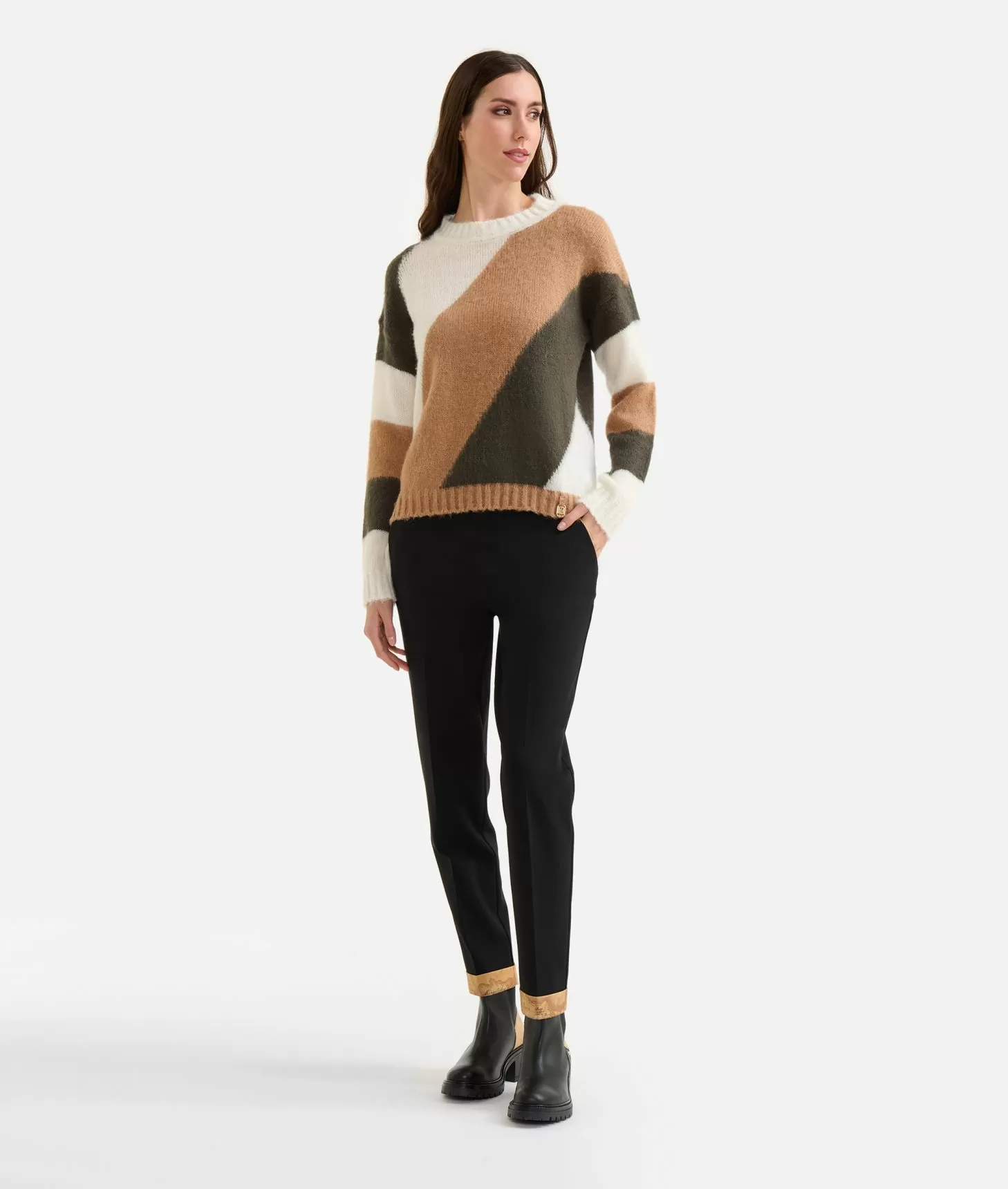 Alviero martini 1a classe Maglia in filato di lana mohair con intarsi Verde/Bianca