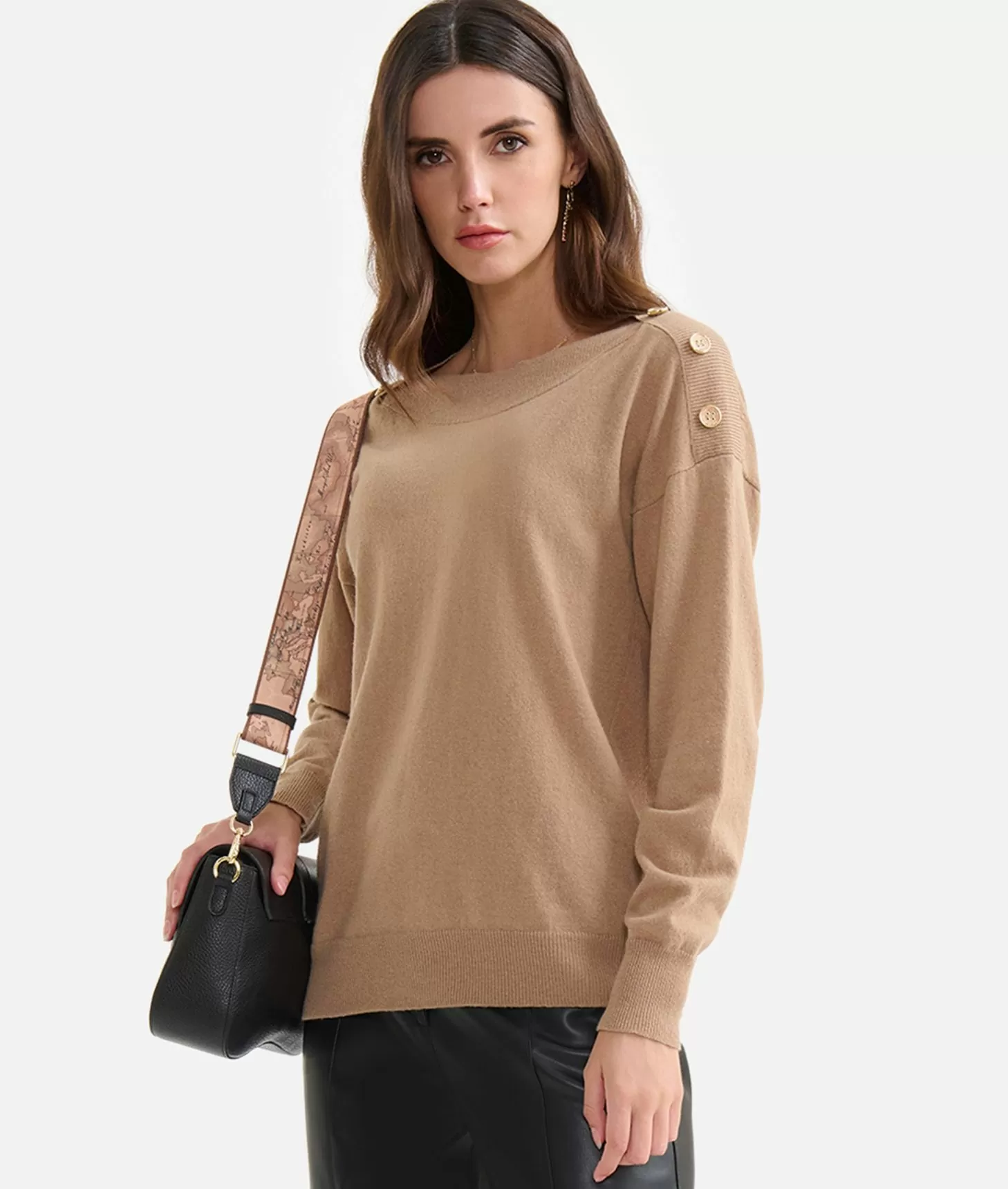 Alviero Martini 1a Classe Maglia In Filato Misto Cashmere Con Bottoni Geo Classic Cammello