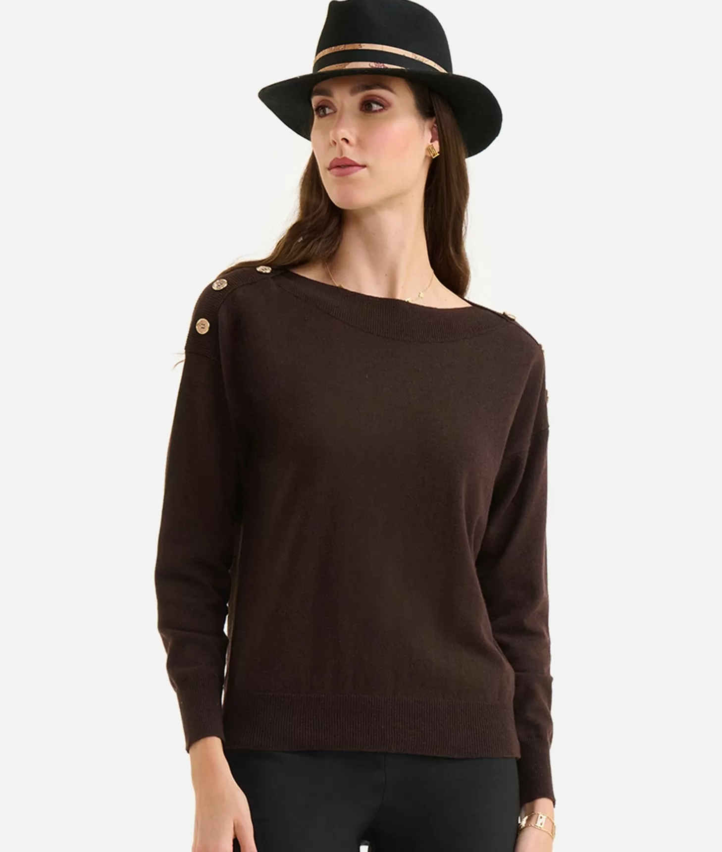 Alviero Martini 1a Classe Maglia In Filato Misto Cashmere Con Bottoni Geo Classic Cioccolato