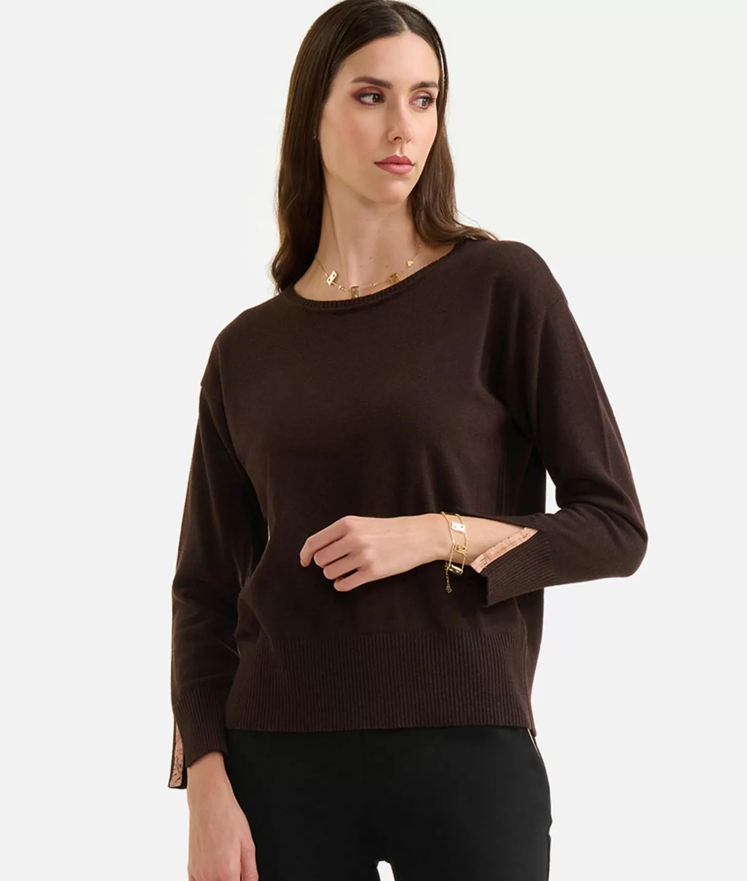 Alviero Martini 1a Classe Maglia In Filato Misto Cashmere Con Spacchi Sulle Maniche Cioccolato