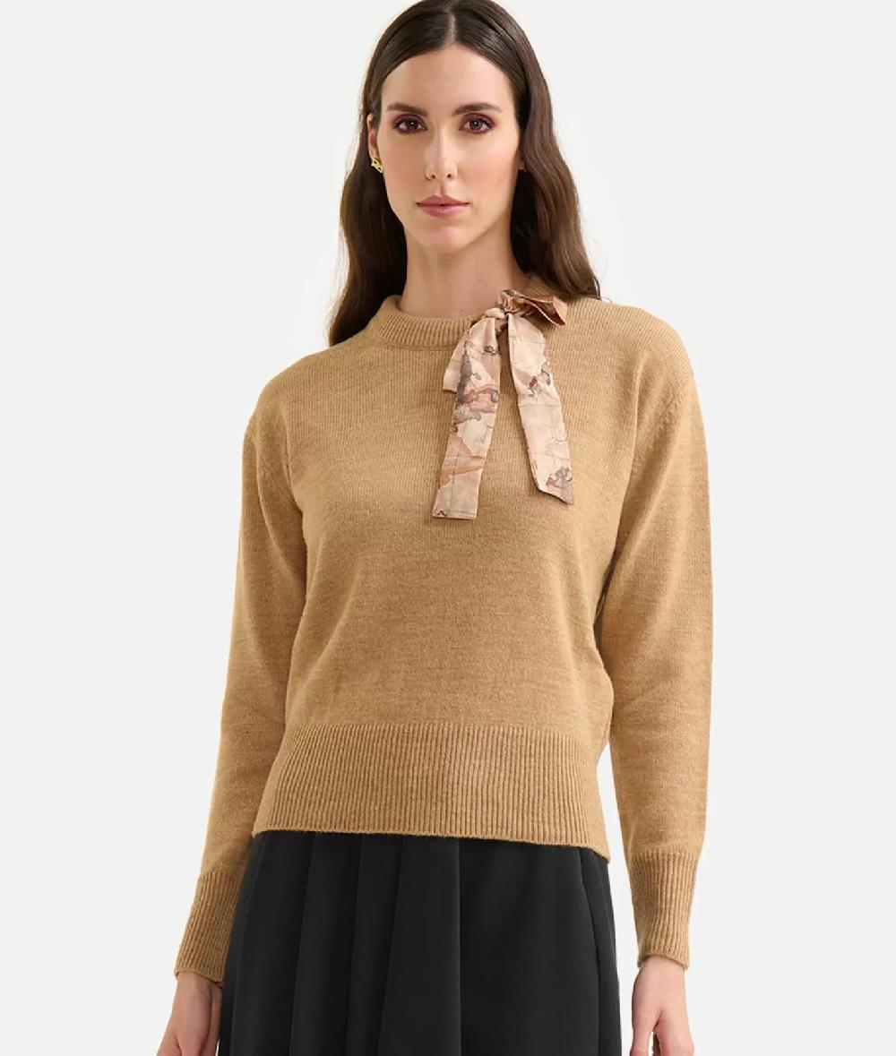 Alviero Martini 1a Classe Maglia In Filato Misto Lana/alpaca Con Fiocco Geo Classic Cammello