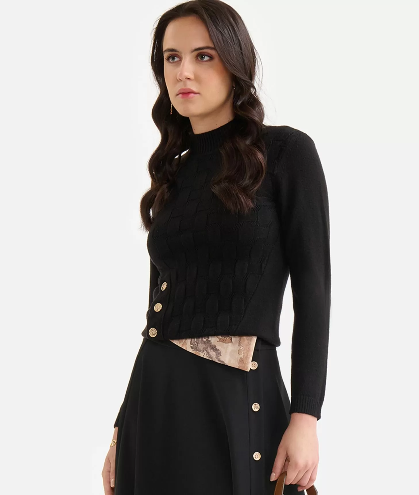 Alviero Martini 1a Classe Maglia Jacquard In Filato Di Viscosa Stretch Con Bottoni Geo Classic Nera