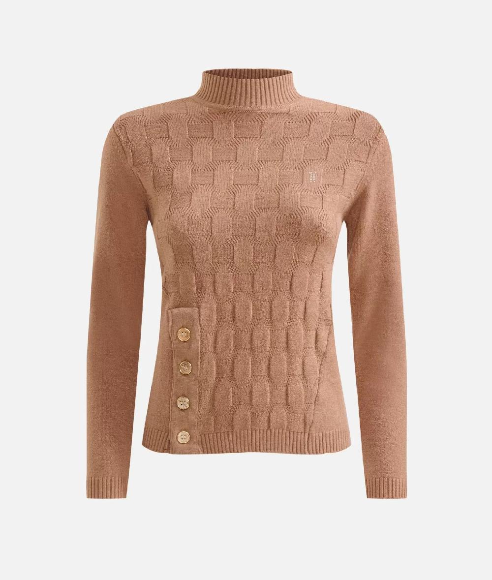 Alviero Martini 1a Classe Maglia Jacquard In Filato Di Viscosa Stretch Con Bottoni Geo Classic Cammello