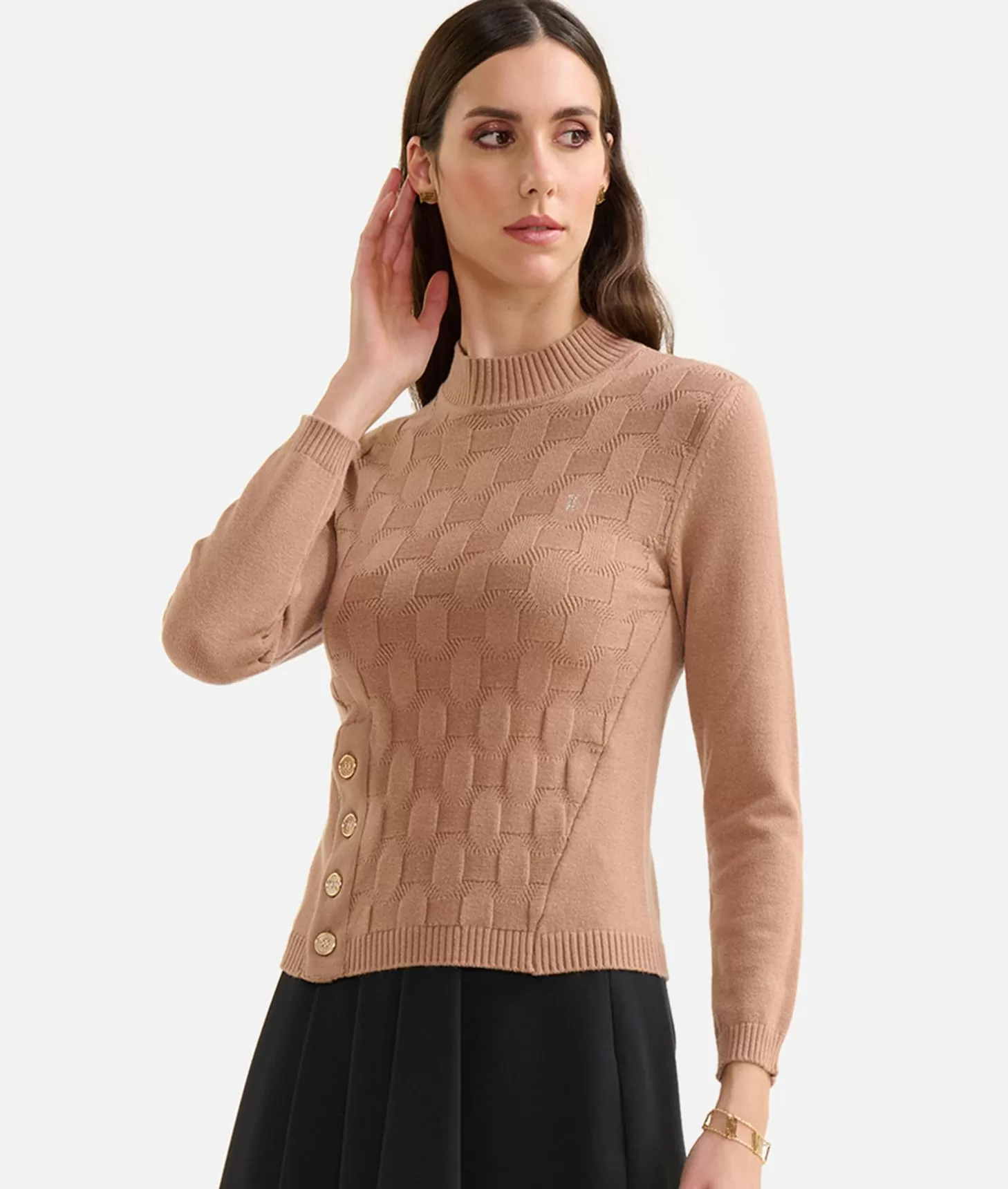 Alviero Martini 1a Classe Maglia Jacquard In Filato Di Viscosa Stretch Con Bottoni Geo Classic Cammello