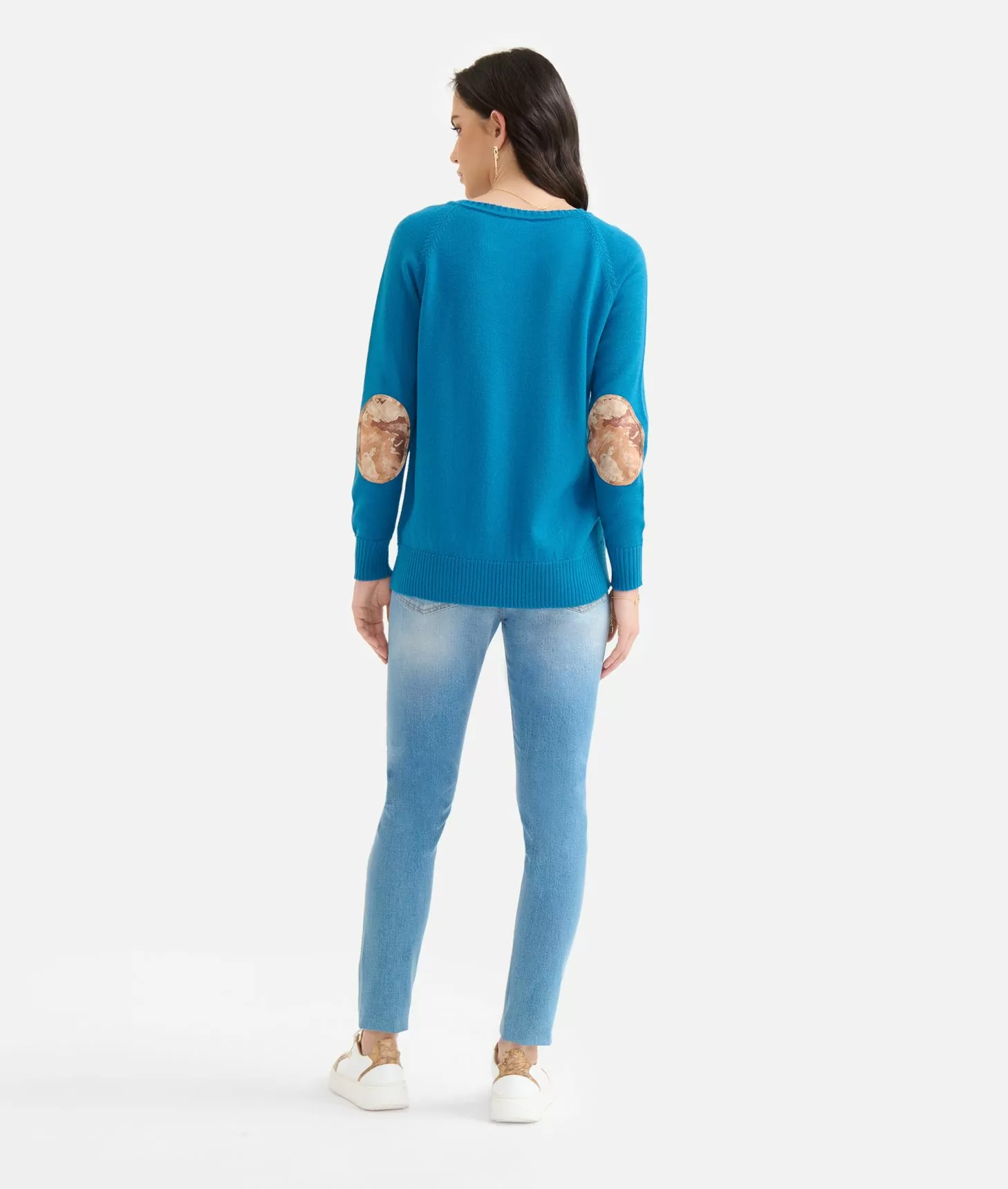 Alviero Martini 1a Classe Maglia Raglan In Filato Misto Lana Con Toppe Geo Classic Blu Di Prussia