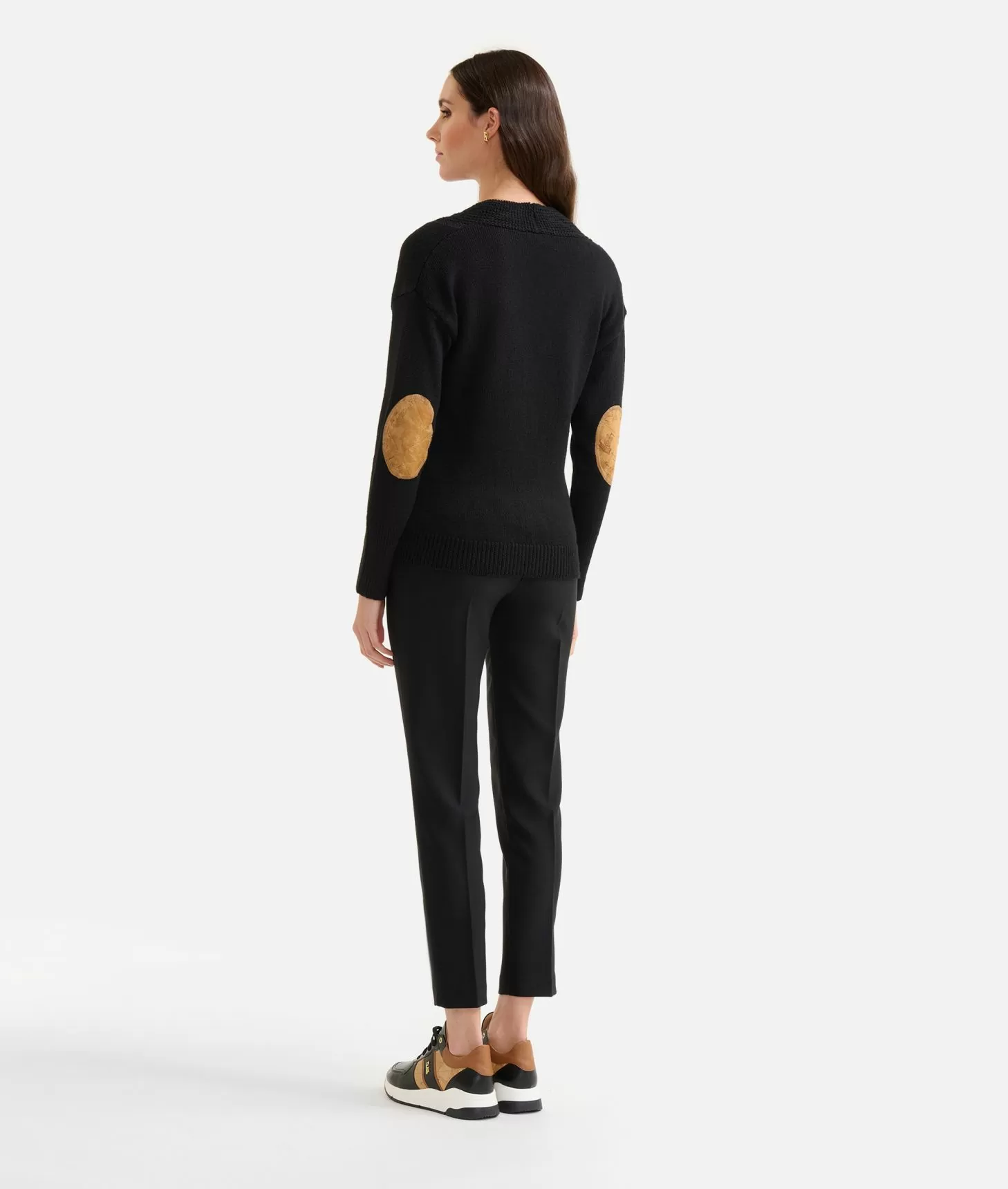 Alviero Martini 1a Classe Maglia Scollo A V In Filato Misto Lana Con Toppe Geo Classic Nera