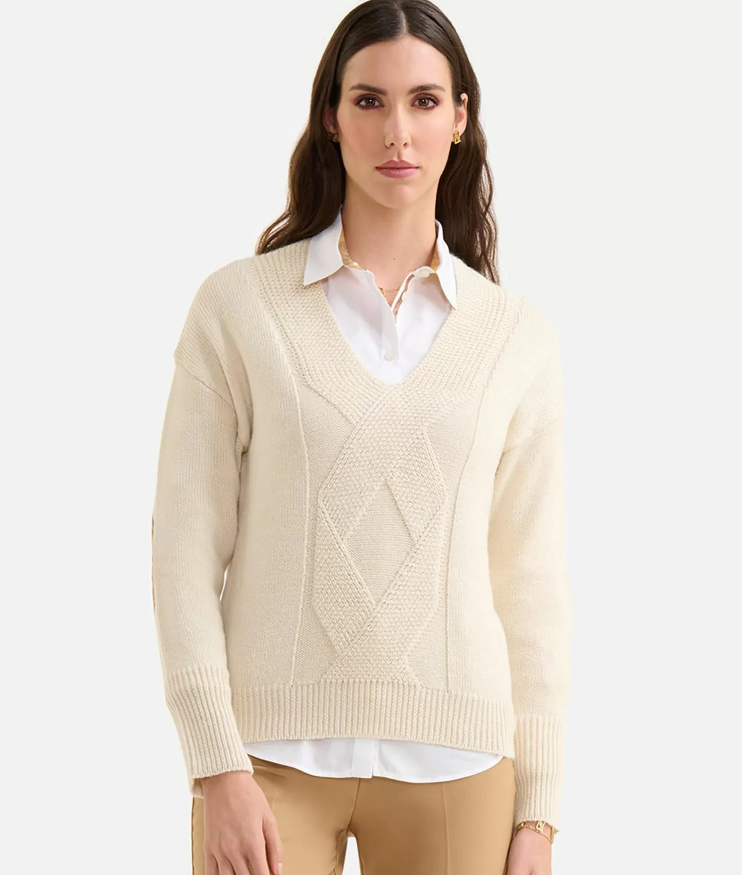 Alviero Martini 1a Classe Maglia Scollo A V In Filato Misto Lana Con Toppe Geo Classic Bianco Lana