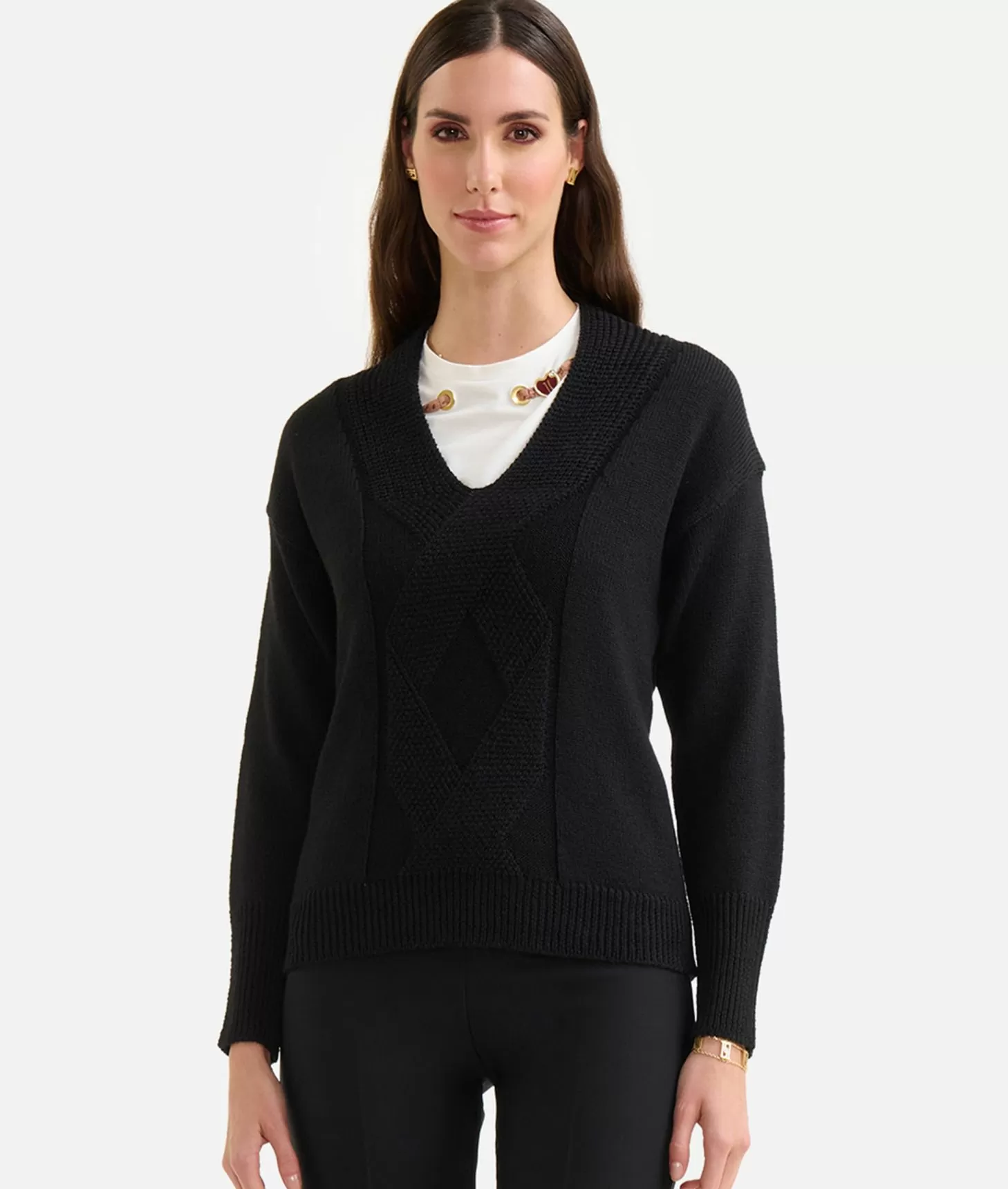 Alviero Martini 1a Classe Maglia Scollo A V In Filato Misto Lana Con Toppe Geo Classic Nera