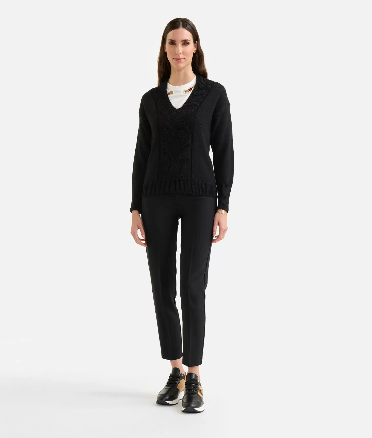 Alviero martini 1a classe Maglia scollo a V in filato misto lana con toppe Geo Classic Nera