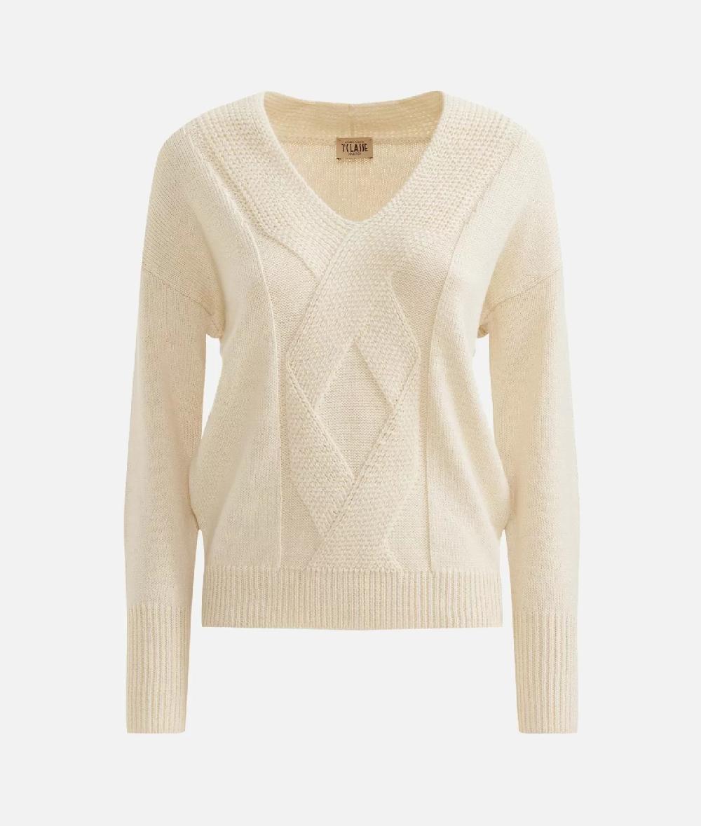 Alviero Martini 1a Classe Maglia Scollo A V In Filato Misto Lana Con Toppe Geo Classic Bianco Lana