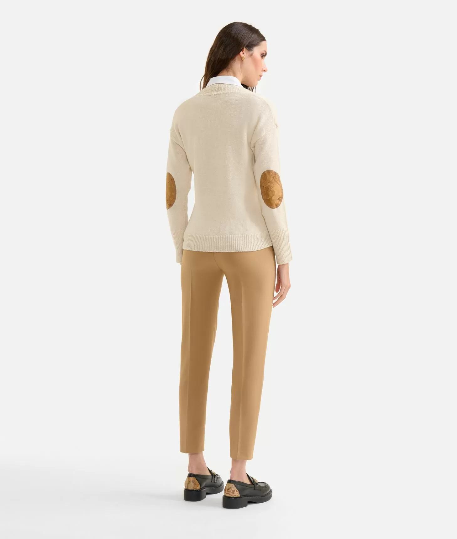 Alviero Martini 1a Classe Maglia Scollo A V In Filato Misto Lana Con Toppe Geo Classic Bianco Lana