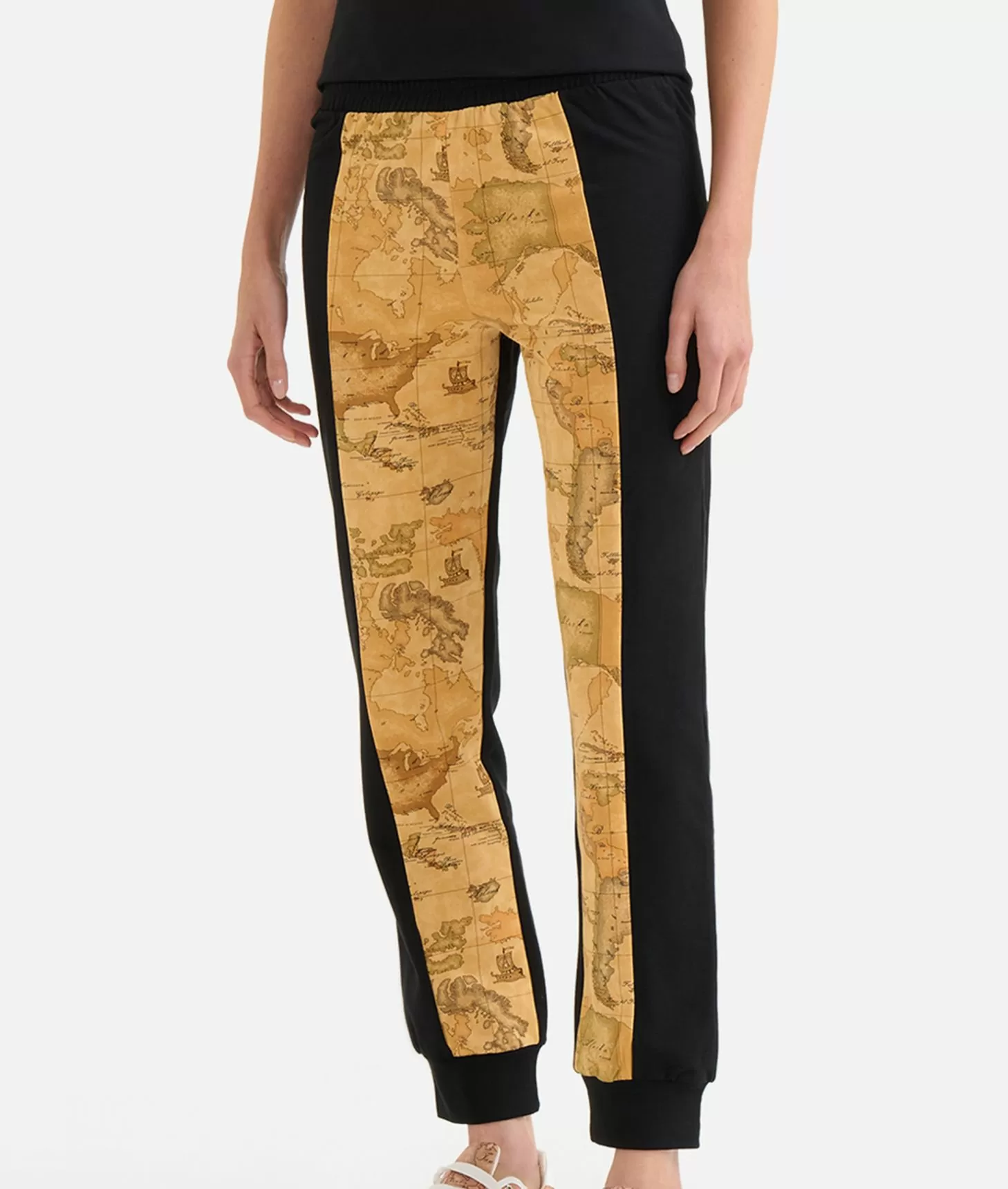 Alviero Martini 1a Classe Pantaloni In Felpa Garzata Stretch Con Intarsio Geo Classic Neri