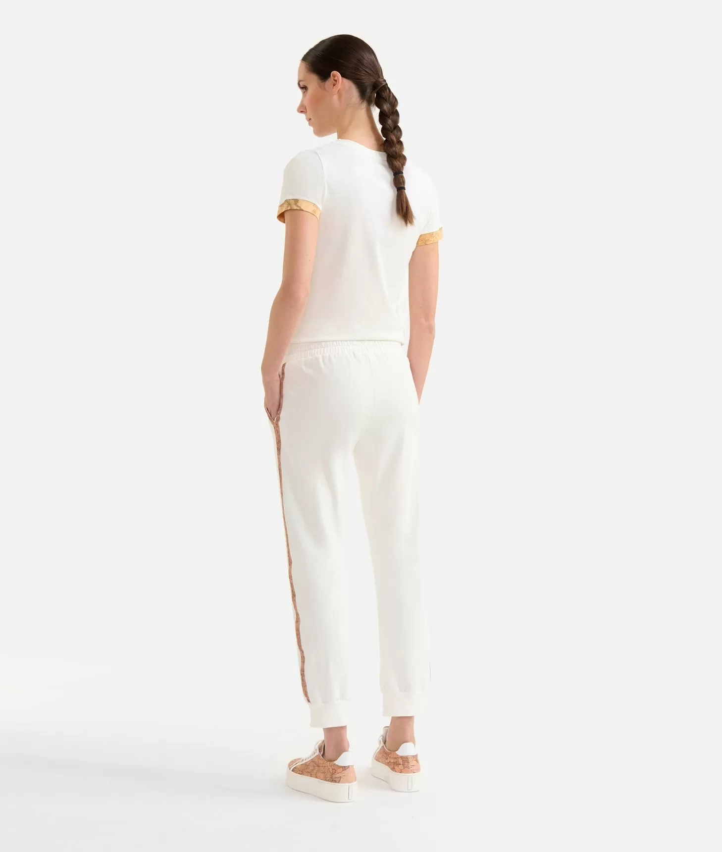 Alviero Martini 1a Classe Pantaloni In Felpa Garzata Stretch Con Profili Geo Classic Avorio