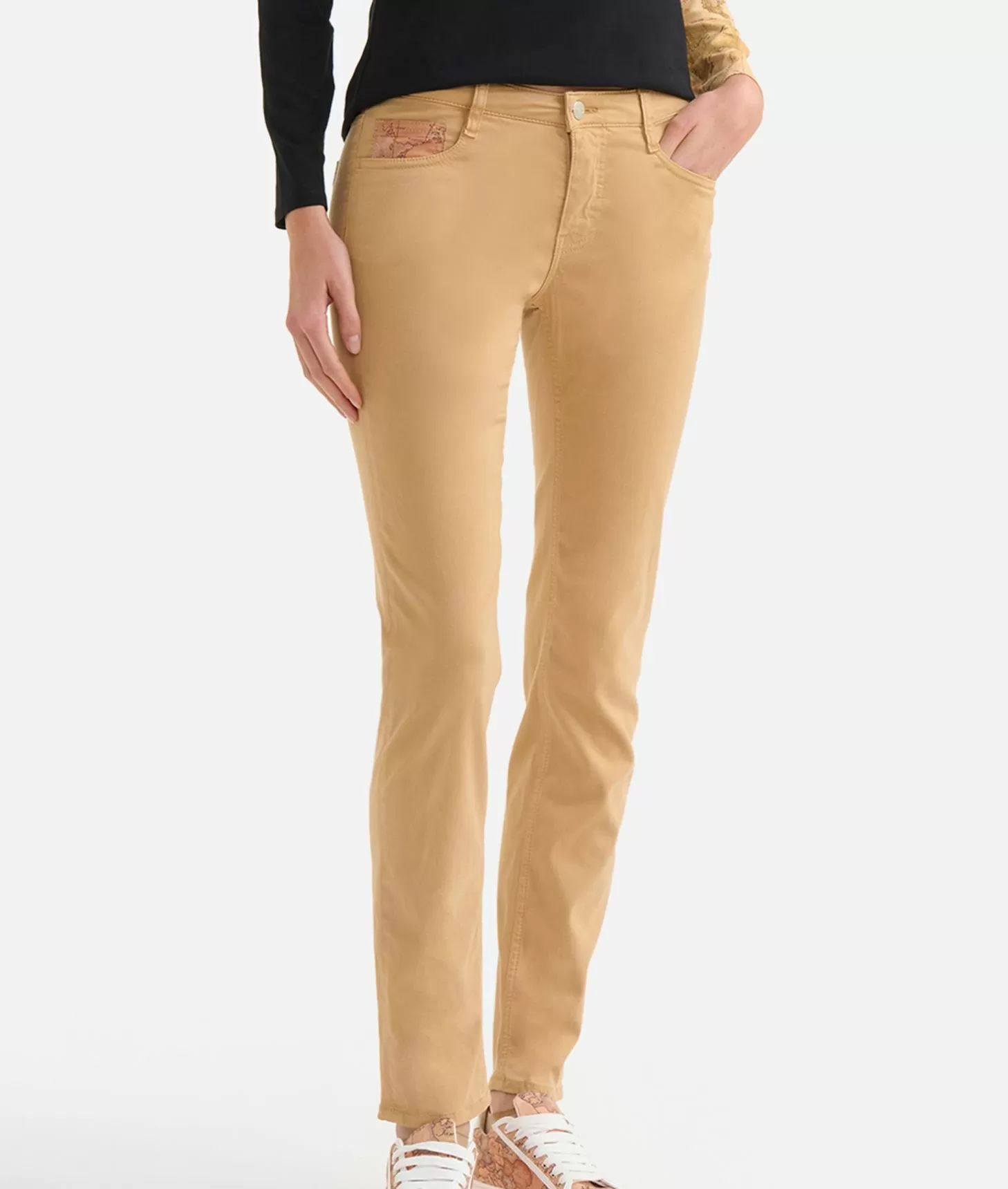 Alviero Martini 1a Classe Pantaloni In Gabardina Smerigliata Tinti In Capo Con Taschino Geo Classic Cammello