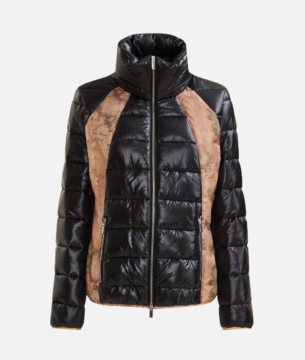 Alviero Martini 1a Classe Piumino Corto In Nylon Leggero Lucido Con Inserti Geo Classic Nero