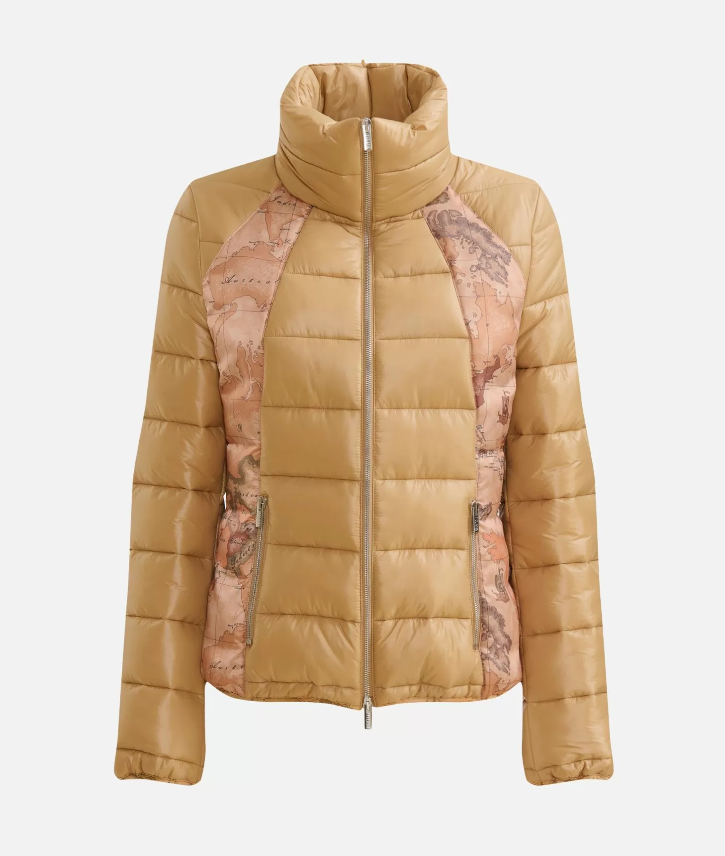 Alviero Martini 1a Classe Piumino Corto In Nylon Leggero Lucido Con Inserti Geo Classic Cammello