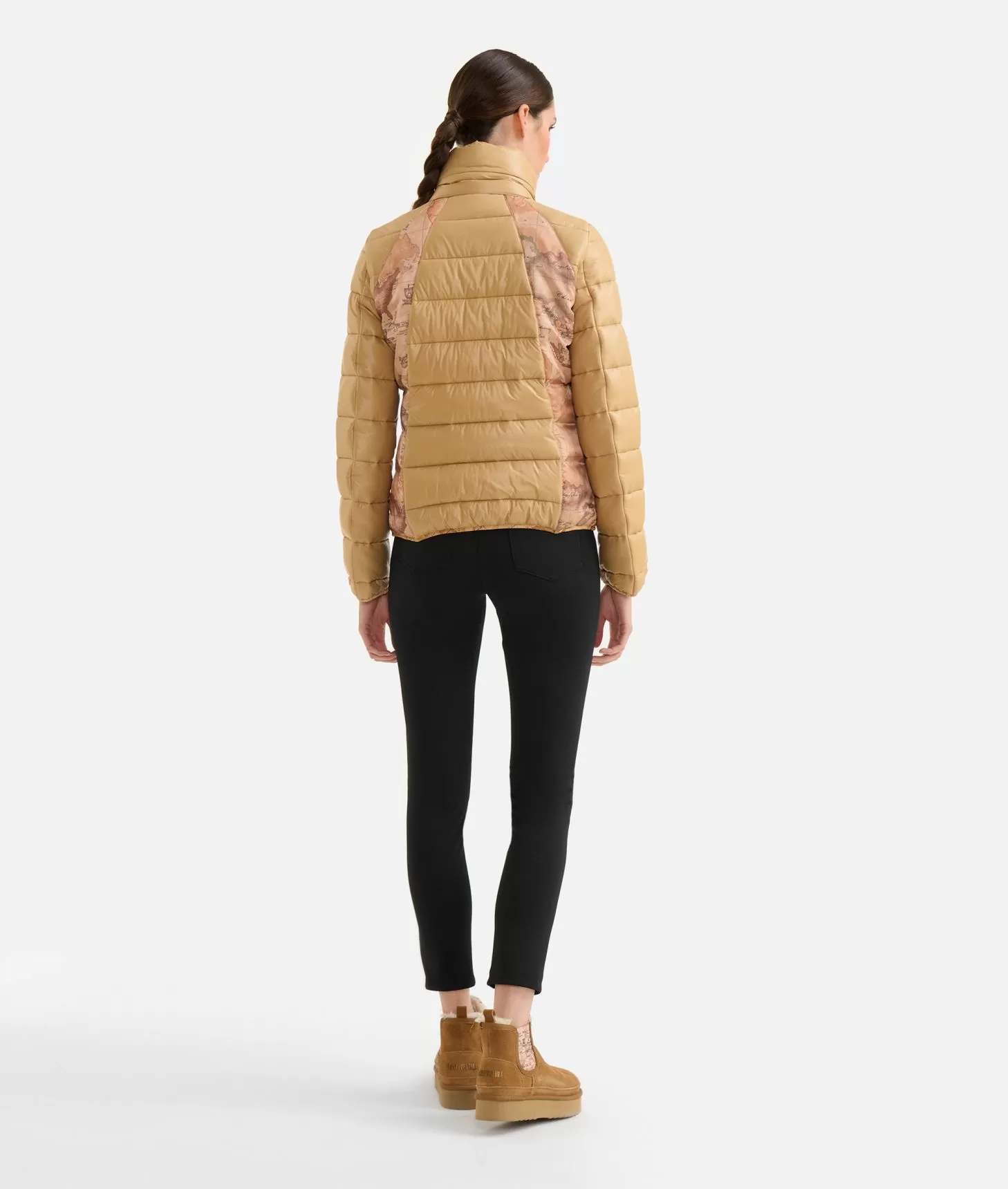 Alviero Martini 1a Classe Piumino Corto In Nylon Leggero Lucido Con Inserti Geo Classic Cammello