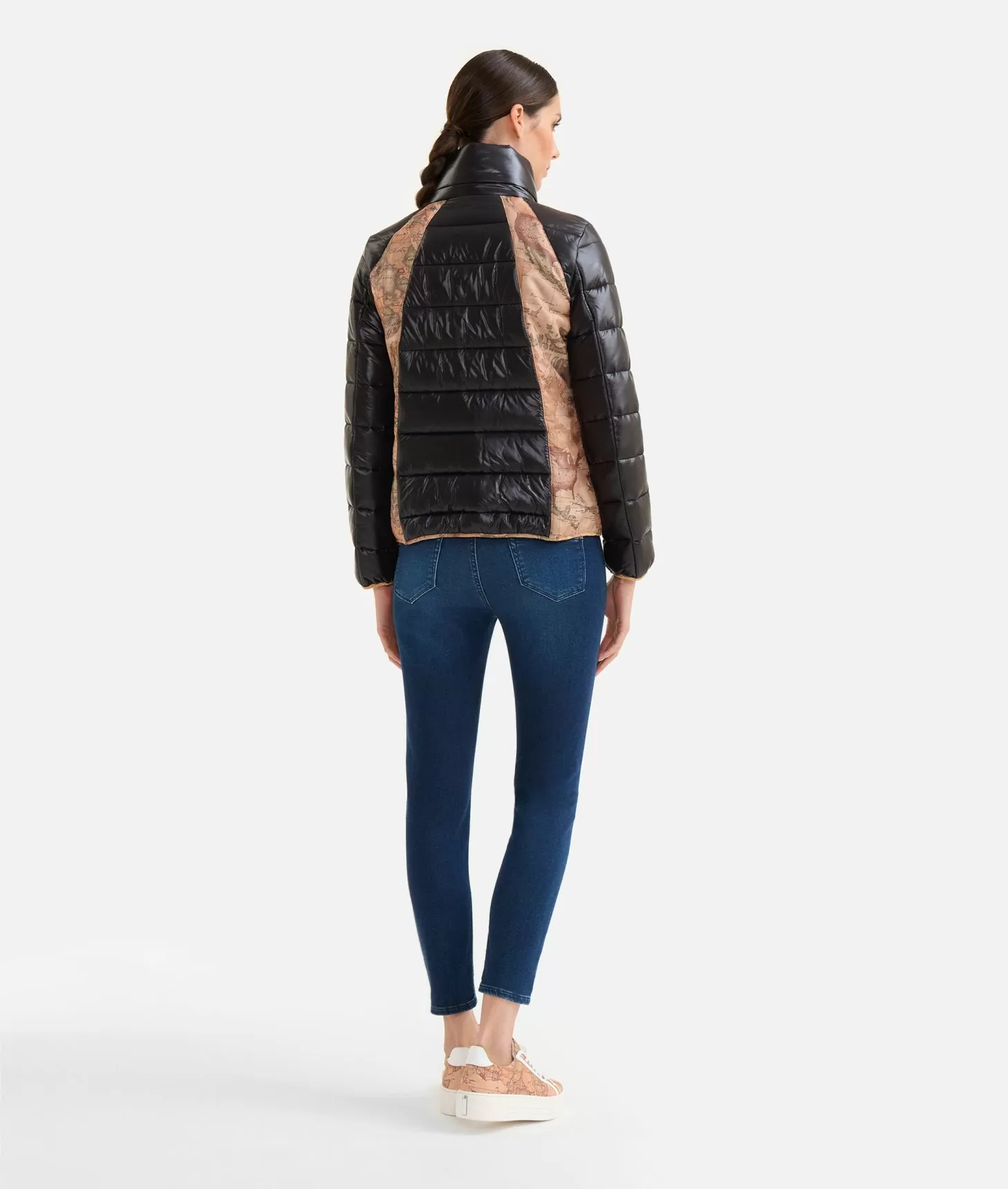 Alviero Martini 1a Classe Piumino Corto In Nylon Leggero Lucido Con Inserti Geo Classic Nero