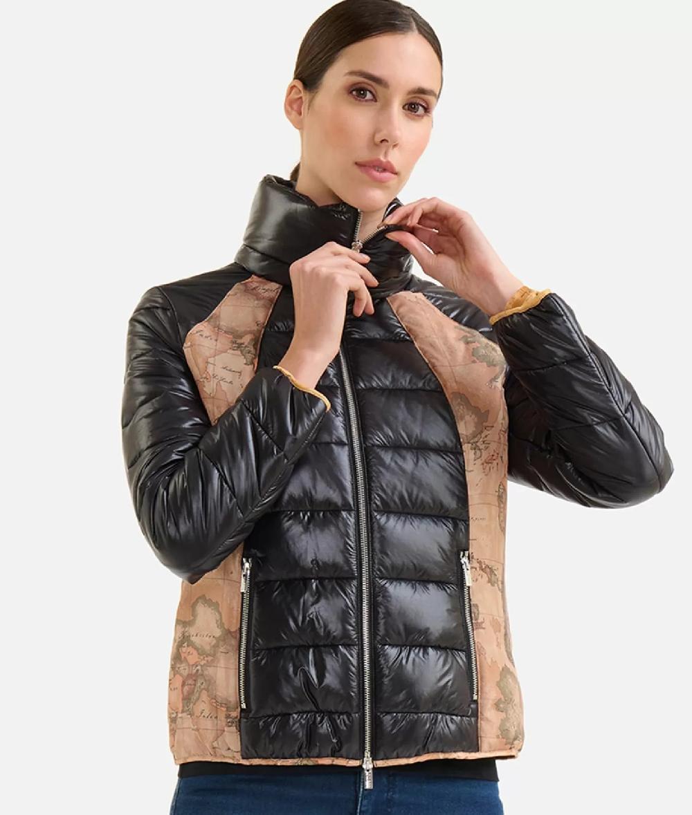 Alviero Martini 1a Classe Piumino Corto In Nylon Leggero Lucido Con Inserti Geo Classic Nero