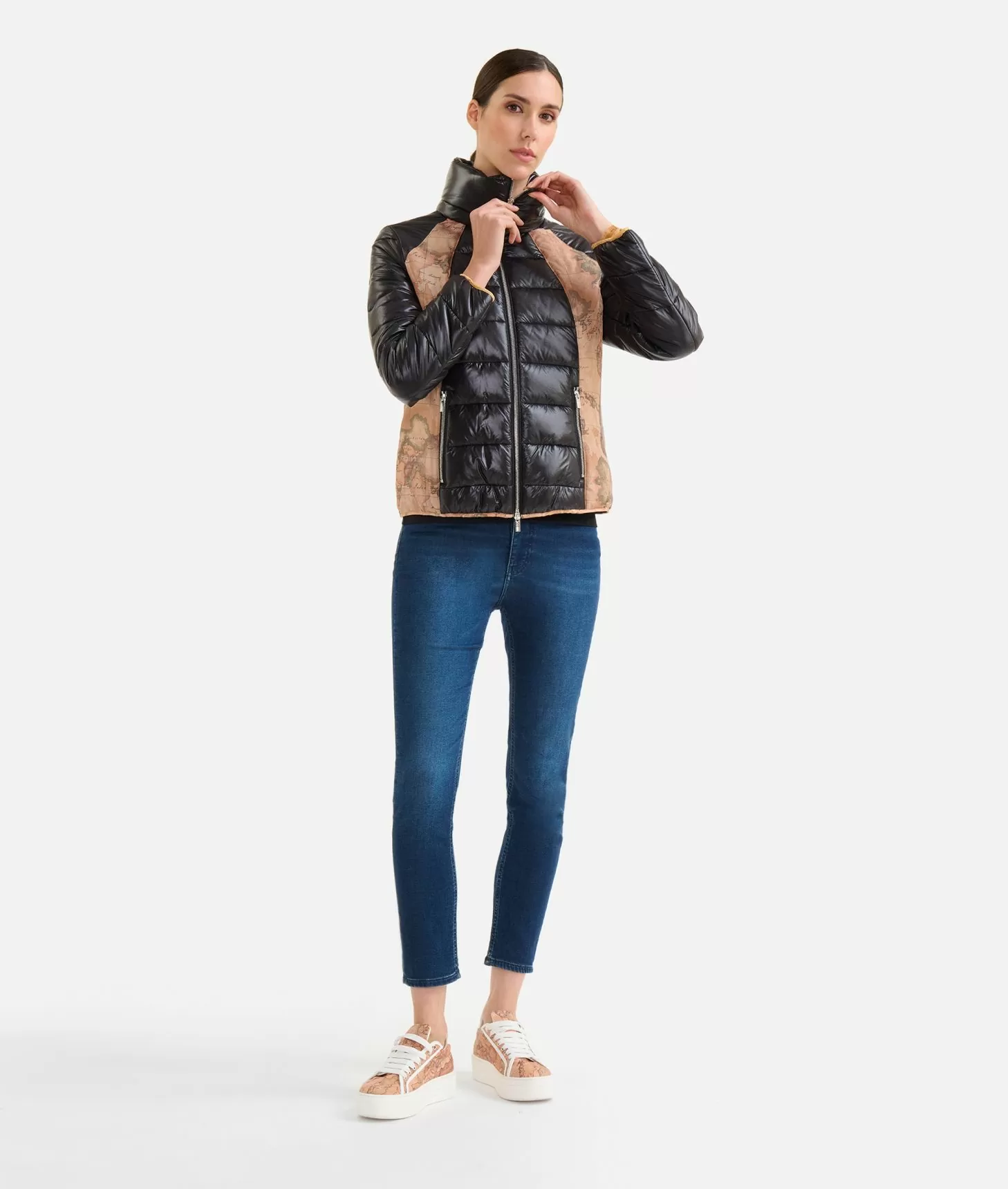 Alviero martini 1a classe Piumino corto in nylon leggero lucido con inserti Geo Classic Nero