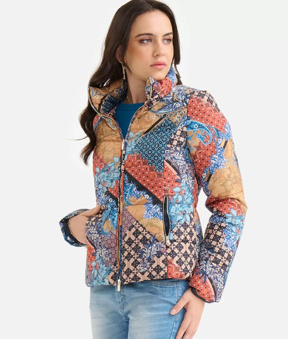 Alviero Martini 1a Classe Piumino Imbottito In Nylon Stampa Geo Patchwork Foulard Blu