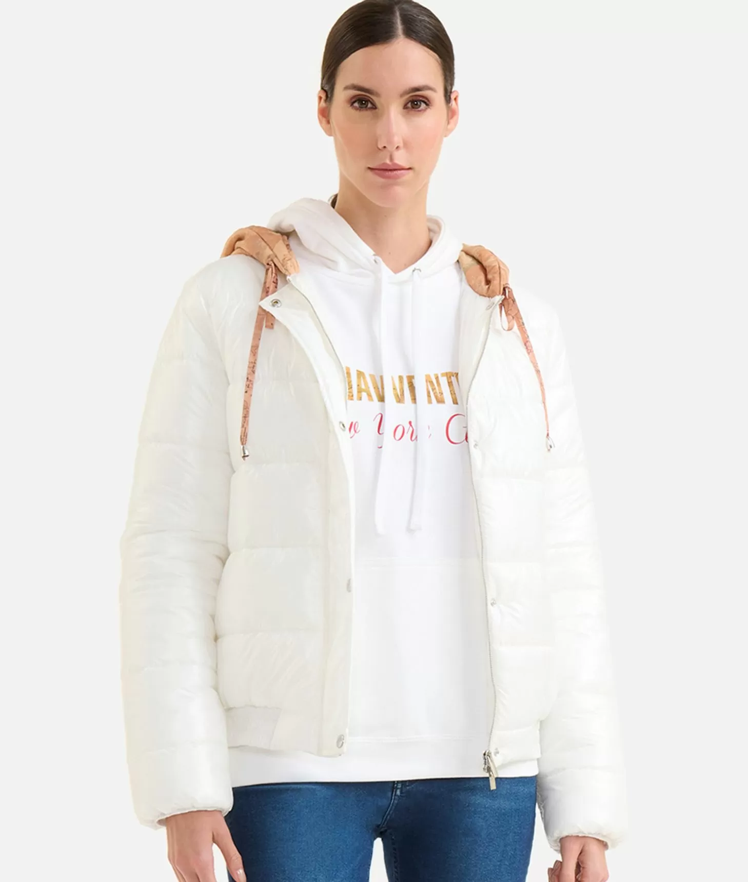 Alviero Martini 1a Classe Piumino In Nylon Leggero Lucido Con Cappuccio Geo Classic Naturale