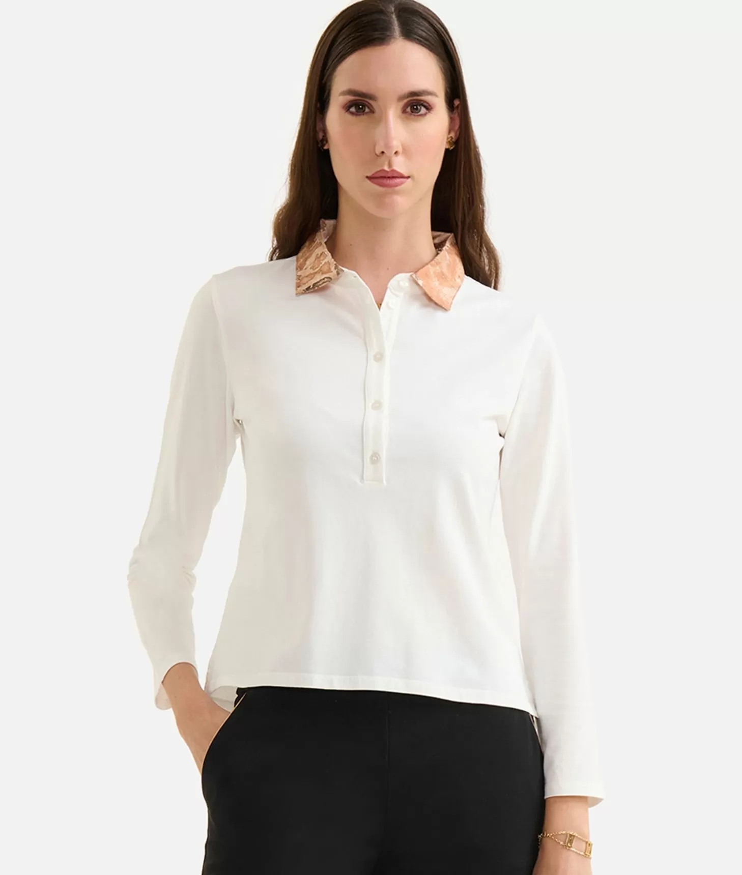 Alviero Martini 1a Classe Polo A Maniche Lunghe In Jersey Di Cotone Stretch Gesso