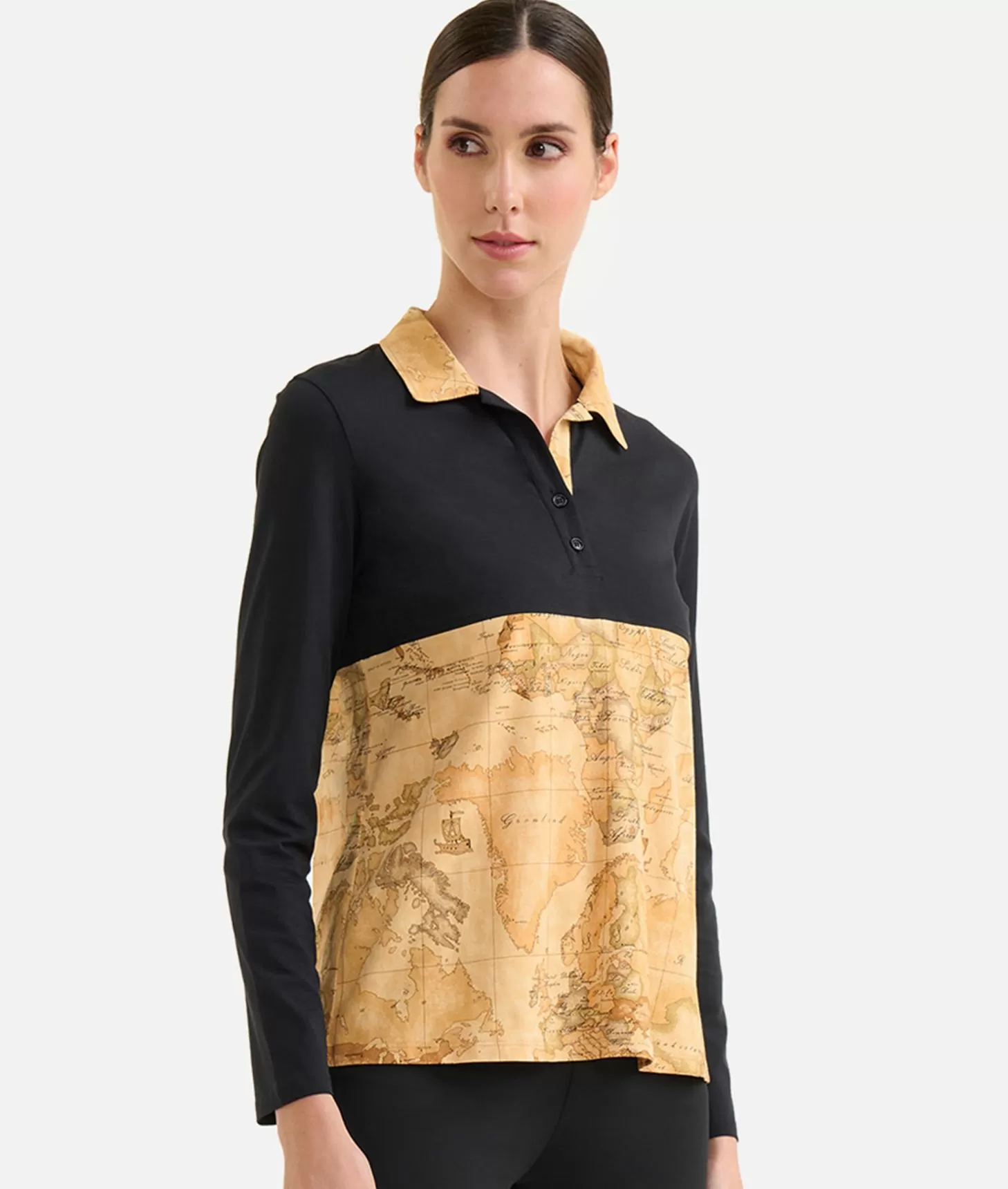 Alviero Martini 1a Classe Polo Bimaterica A Maniche Lunghe In Jersey Di Cotone Stretch Nera