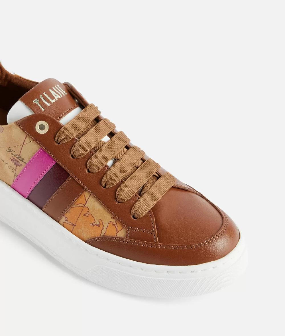 Alviero Martini 1a Classe Sneakers In Pelle Liscia Con Bande Laterali Castagna