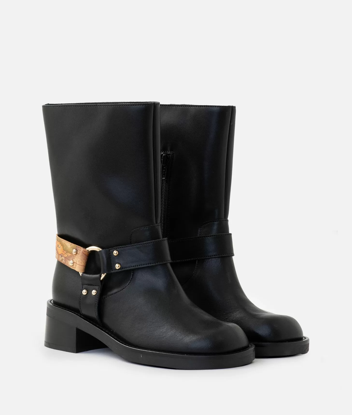 Alviero Martini 1a Classe Stivaletti Biker In Pelle Liscia Con Dettaglio Geo Classic Neri