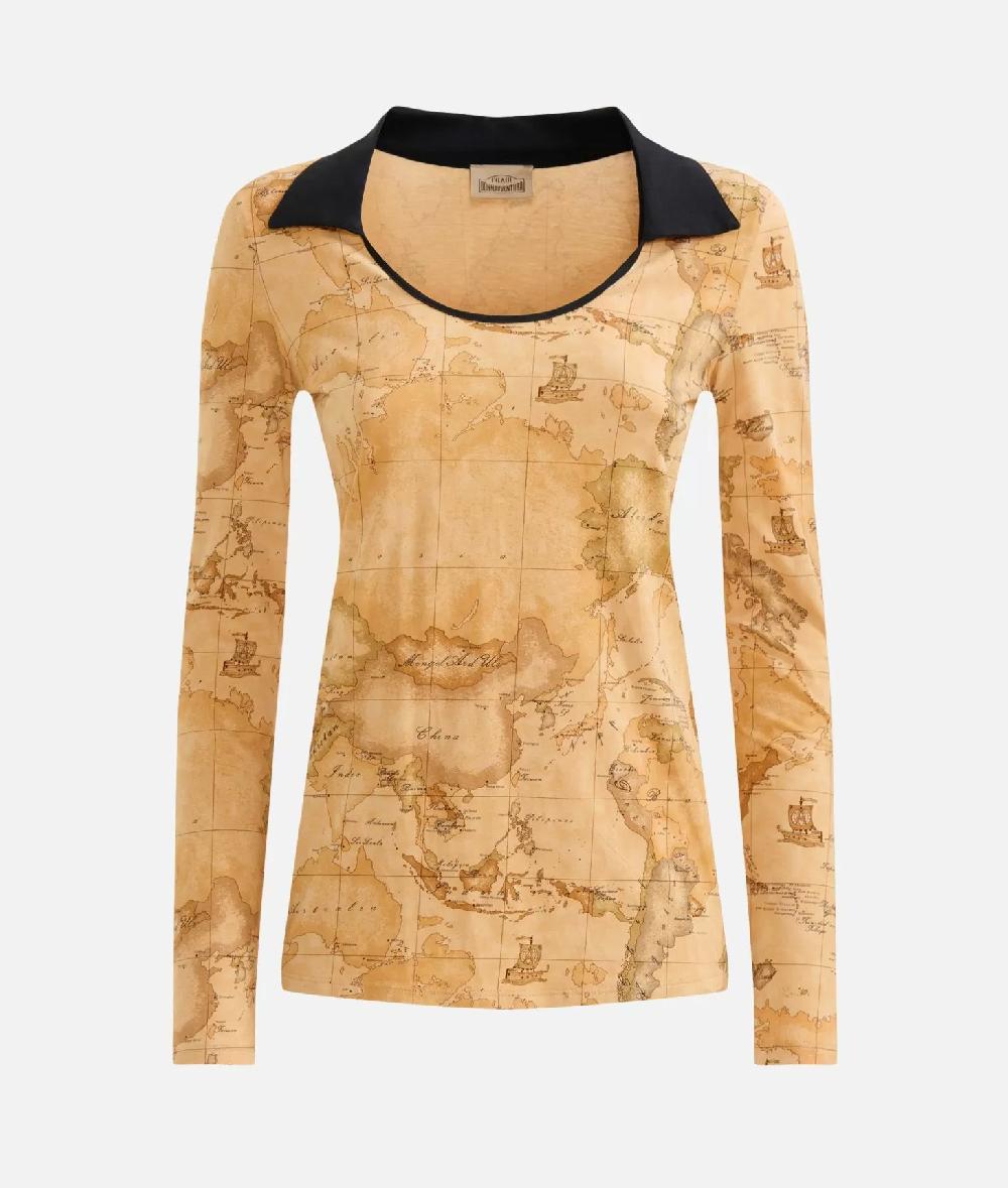 Alviero Martini 1a Classe T-shirt A Maniche Lunghe Con Colletto In Jersey Di Cotone Stretch Geo Classic