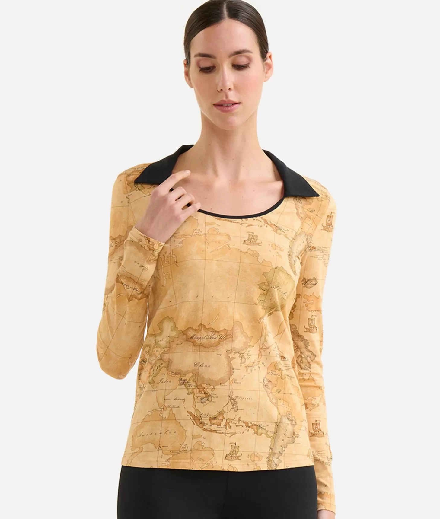 Alviero Martini 1a Classe T-shirt A Maniche Lunghe Con Colletto In Jersey Di Cotone Stretch Geo Classic