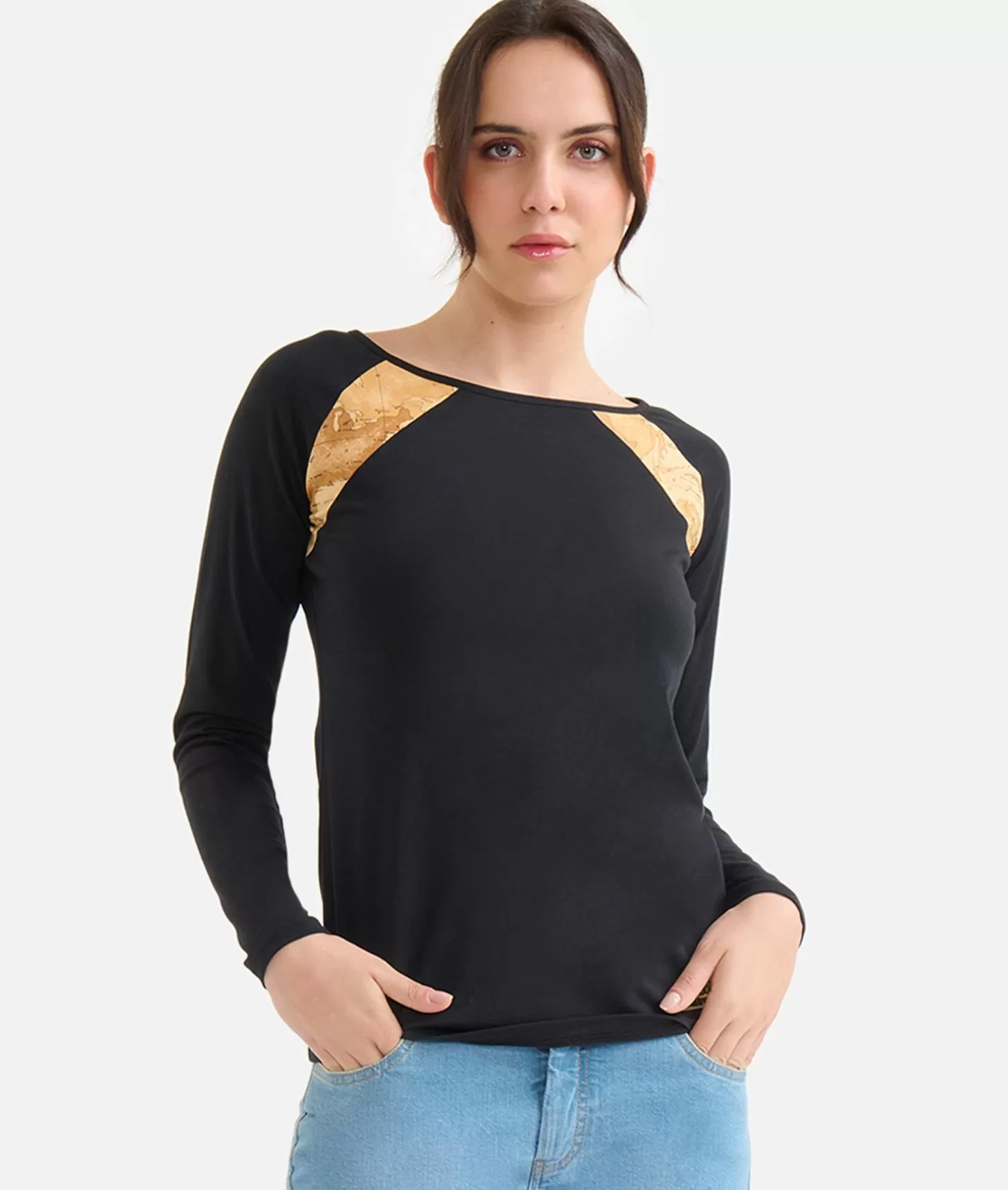 Alviero Martini 1a Classe T-shirt A Maniche Lunghe In Jersey Di Cotone Stretch Con Spicchi Geo Classic Nera