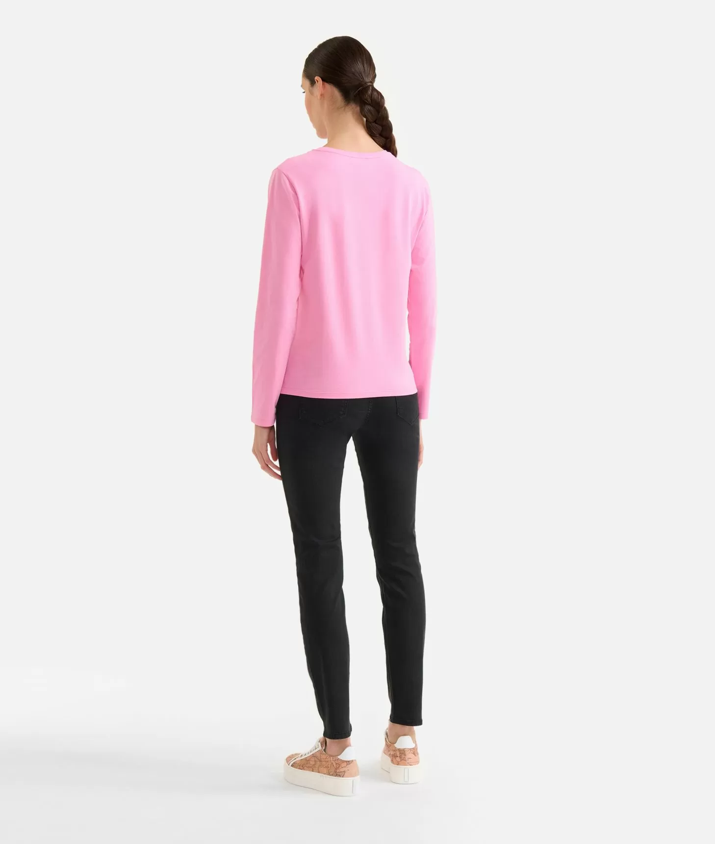 Alviero Martini 1a Classe T-shirt A Maniche Lunghe In Jersey Di Cotone Stretch Con Fondo Geo Classic Rosa Confetto