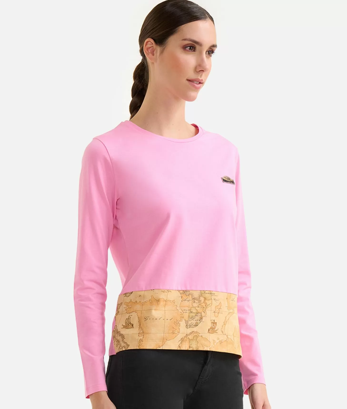 Alviero Martini 1a Classe T-shirt A Maniche Lunghe In Jersey Di Cotone Stretch Con Fondo Geo Classic Rosa Confetto