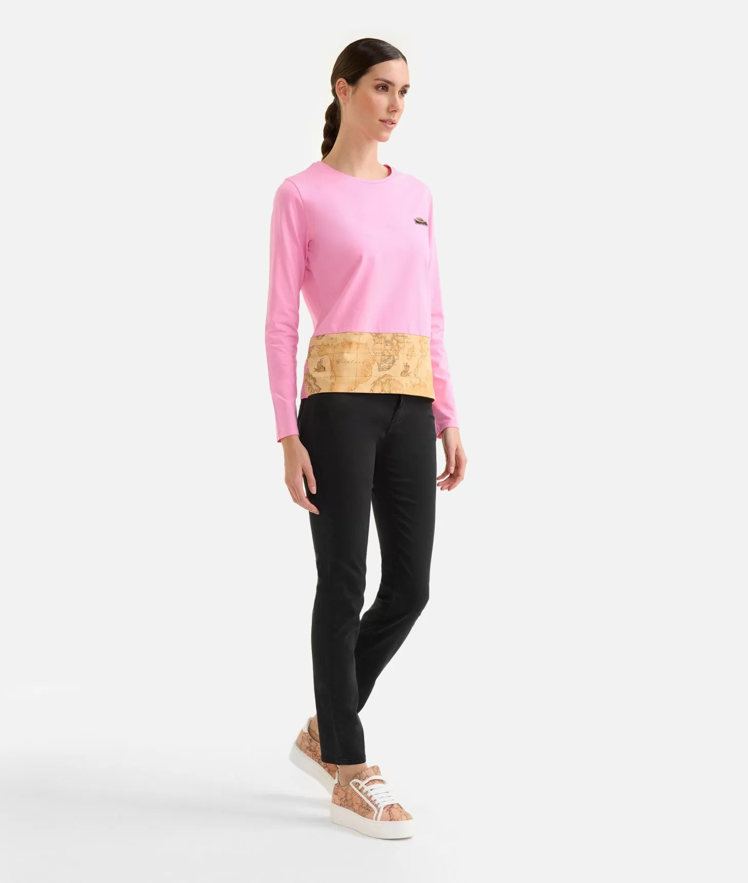 Alviero martini 1a classe T-shirt a maniche lunghe in jersey di cotone stretch con fondo Geo Classic Rosa Confetto