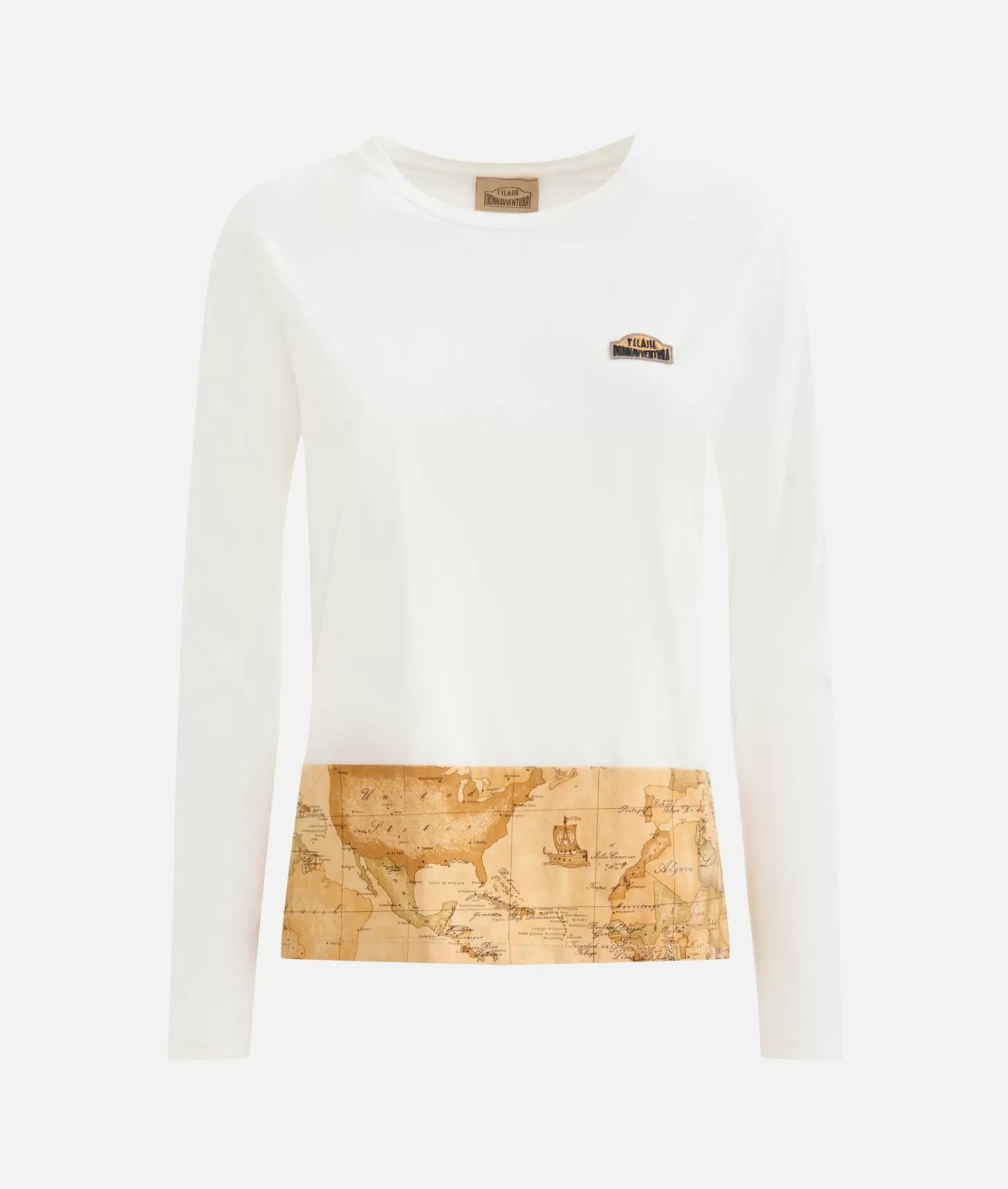 Alviero Martini 1a Classe T-shirt A Maniche Lunghe In Jersey Di Cotone Stretch Con Fondo Geo Classic Gesso